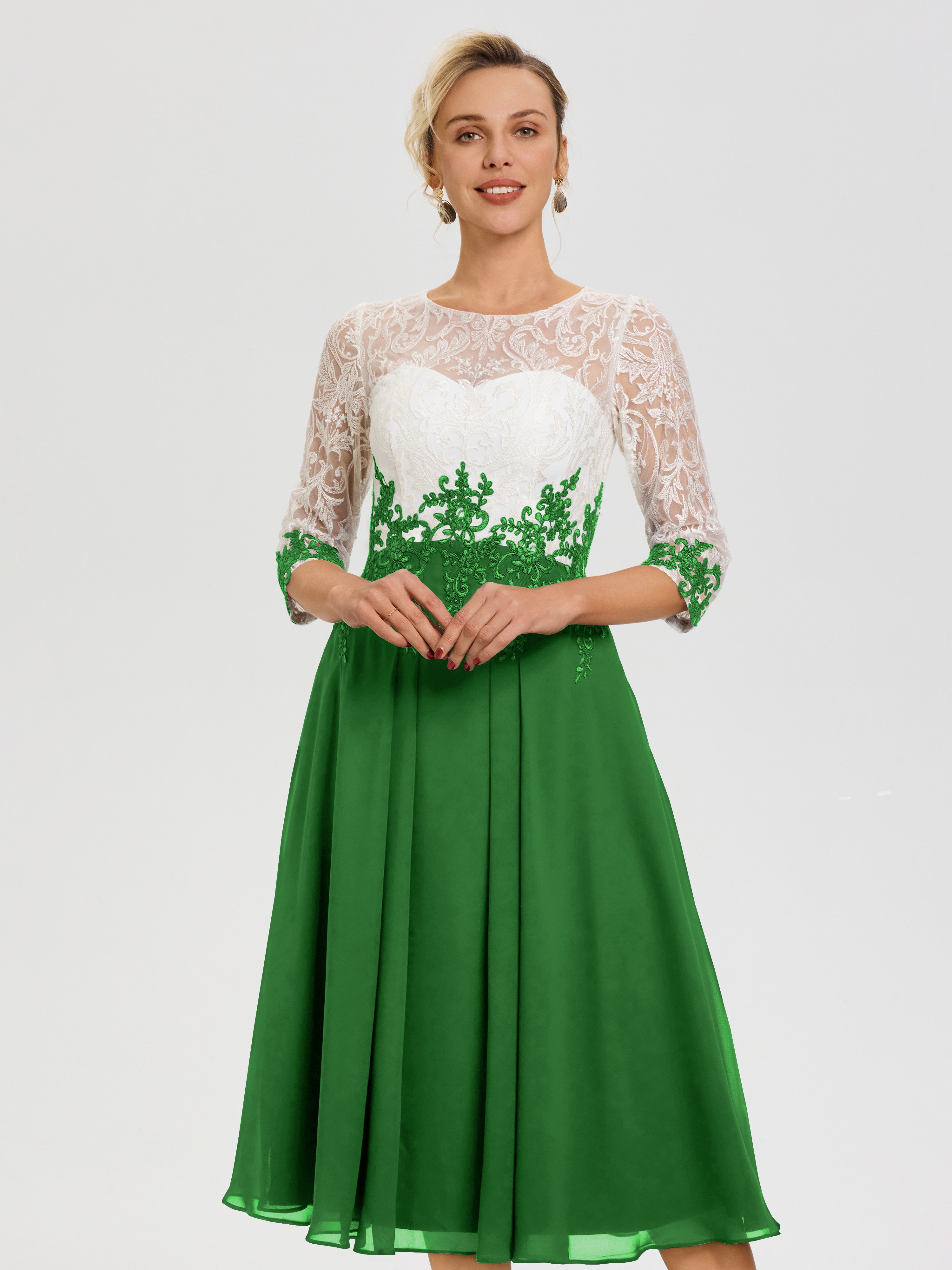 Robe Mariage Mère Du Marié Vert Col Rond Mousseline & Dentelle 3/4 Manches Robe Mère Mariée