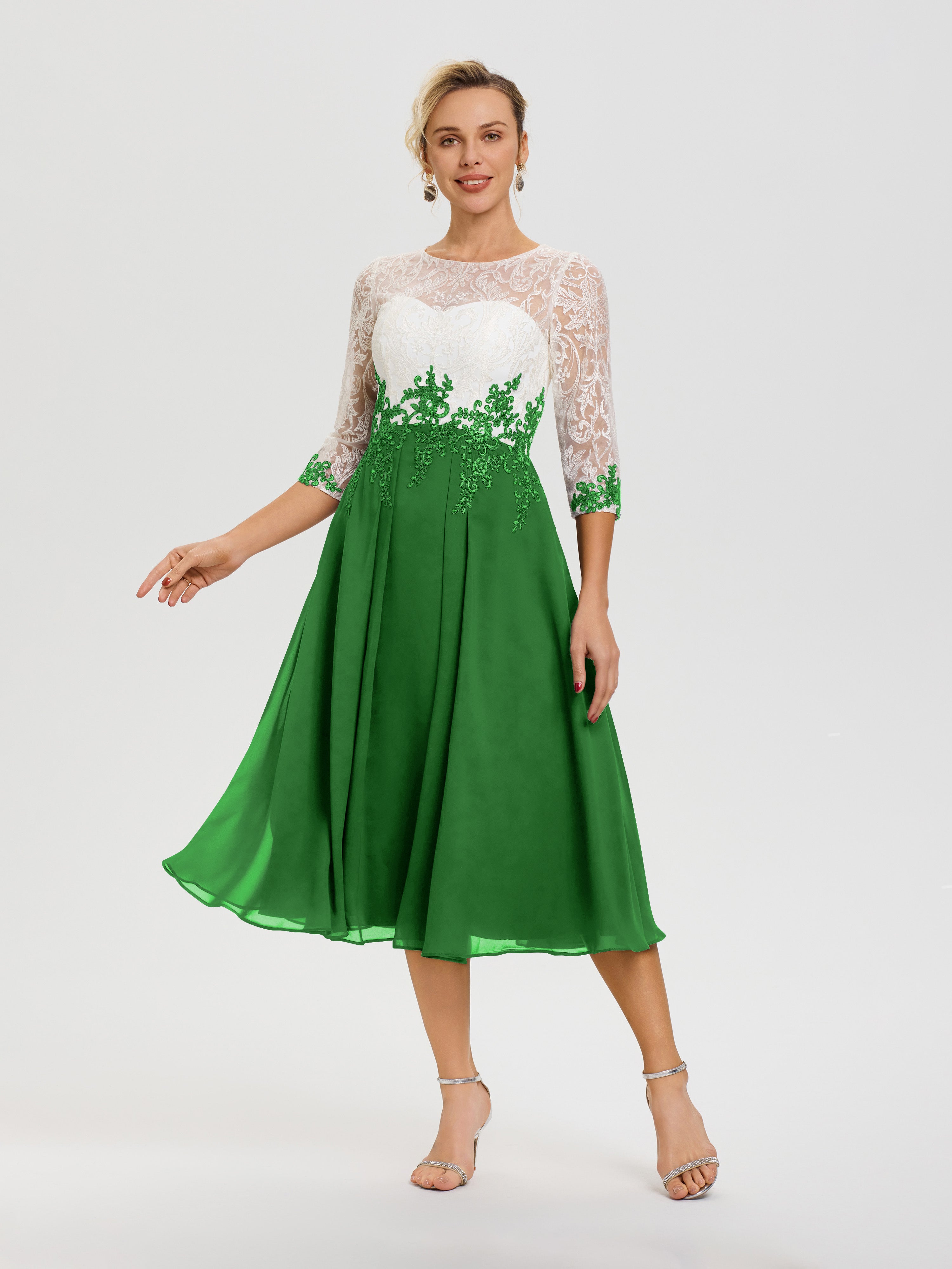 Robe Mariage Mère Du Marié Vert Col Rond Mousseline & Dentelle 3/4 Manches Robe Mère Mariée