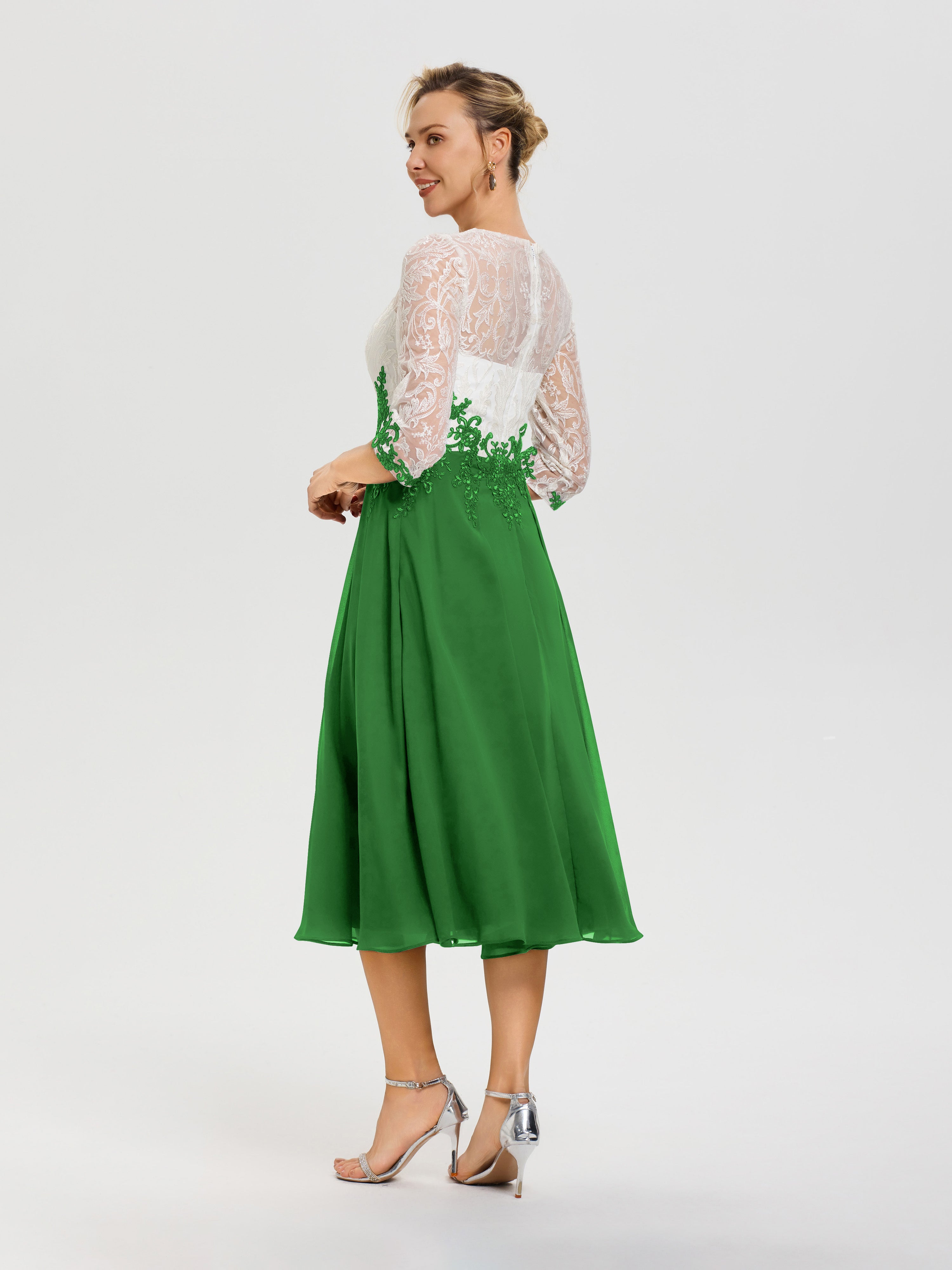 Robe Mariage Mère Du Marié Vert Col Rond Mousseline & Dentelle 3/4 Manches Robe Mère Mariée