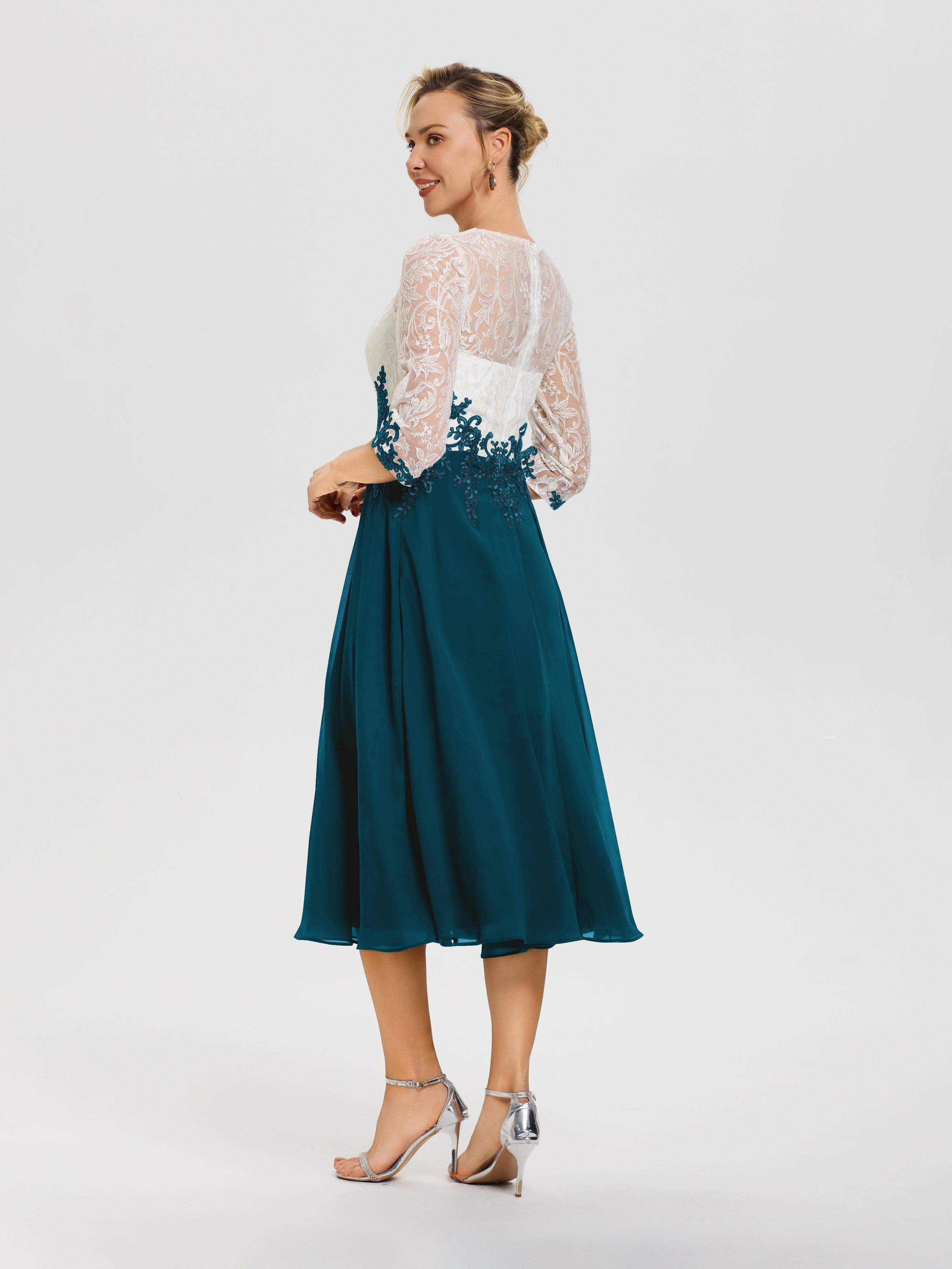 Robe Mère De Mariée Bleu Encre Col Rond Mousseline & Dentelle 3/4 Manches Robe Mère Mariée