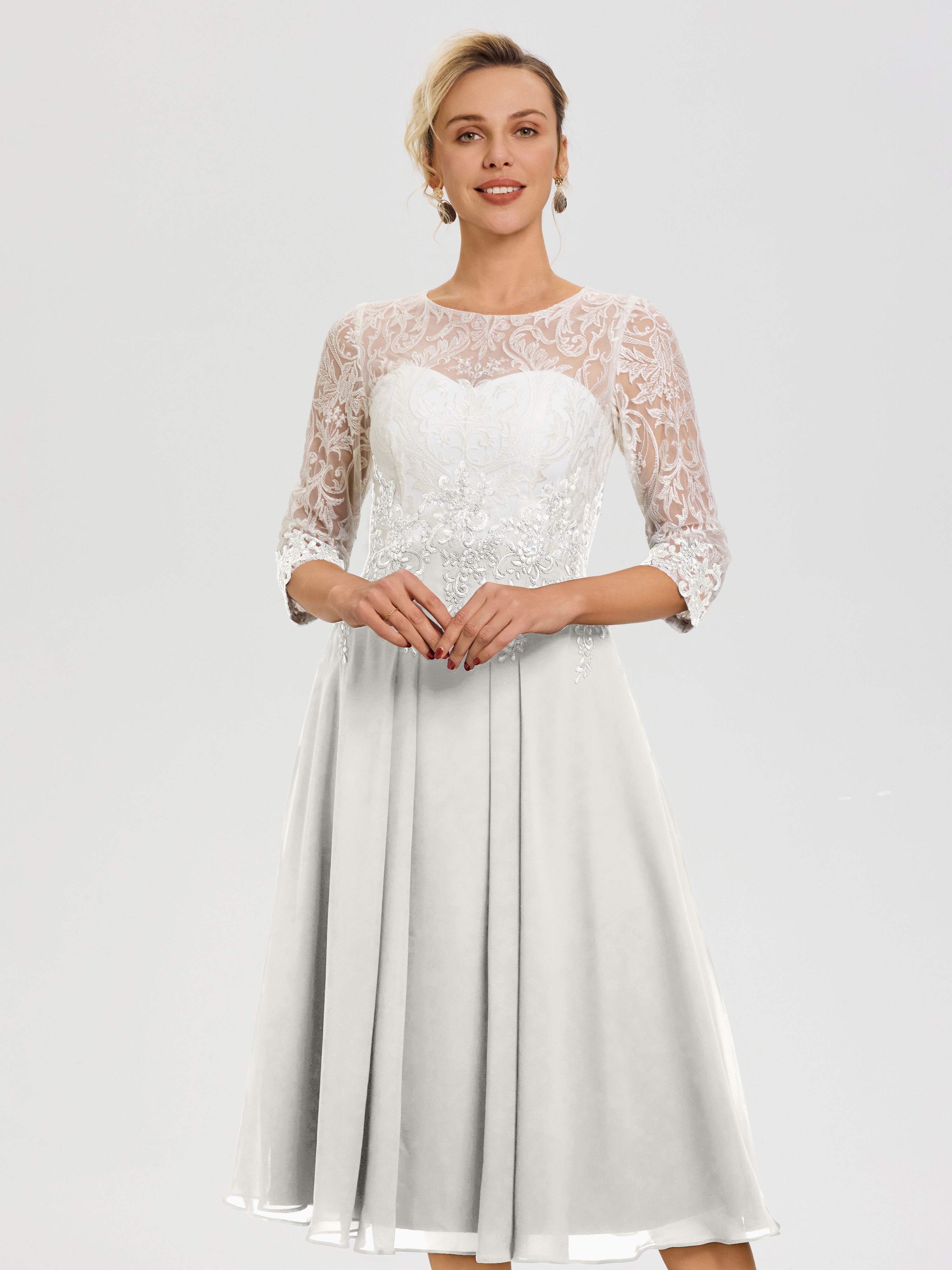 Robe Mère De Mariée Ivoire Col Rond Mousseline & Dentelle 3/4 Manches Robe Mère Mariée