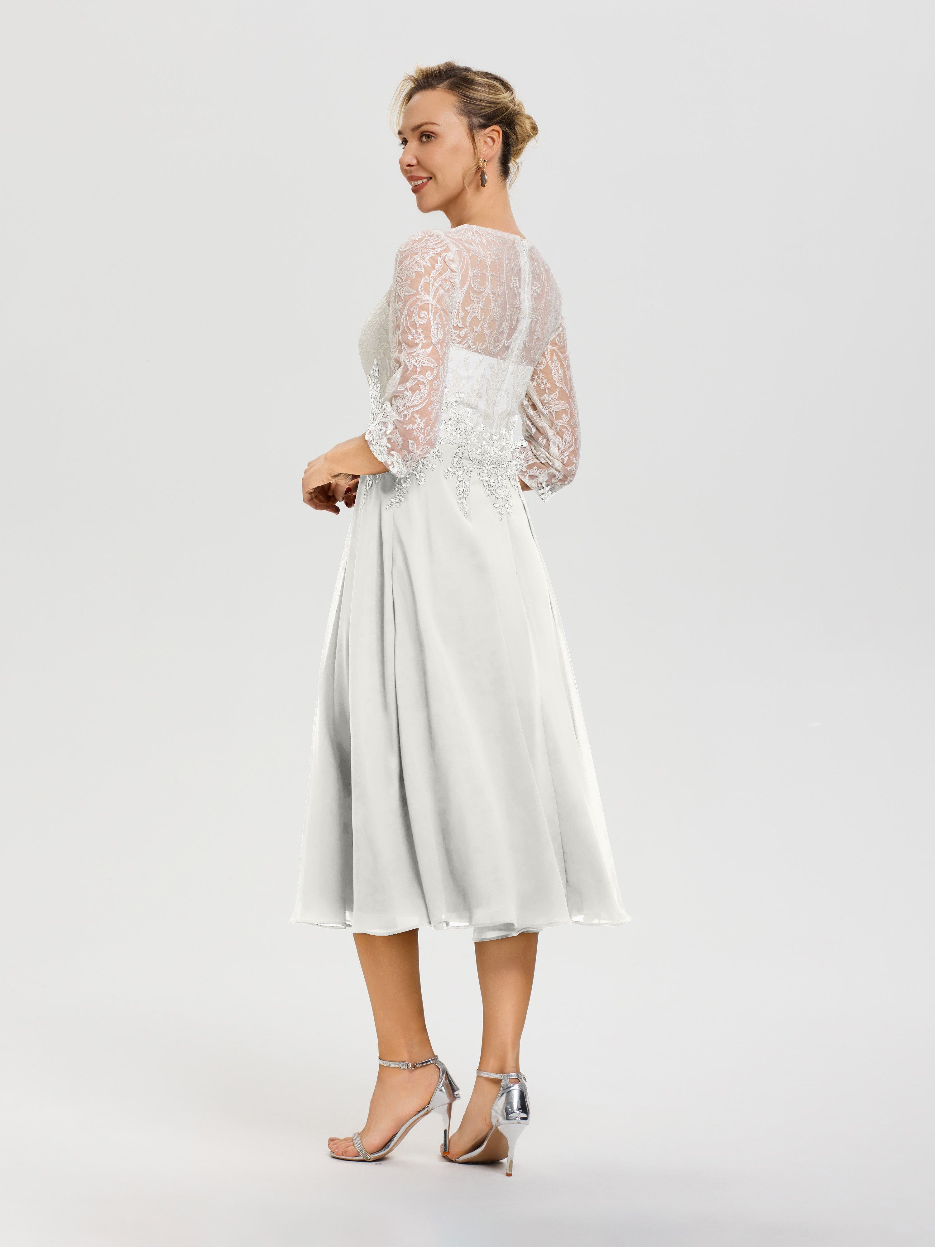 Robe Mère De Mariée Ivoire Col Rond Mousseline & Dentelle 3/4 Manches Robe Mère Mariée