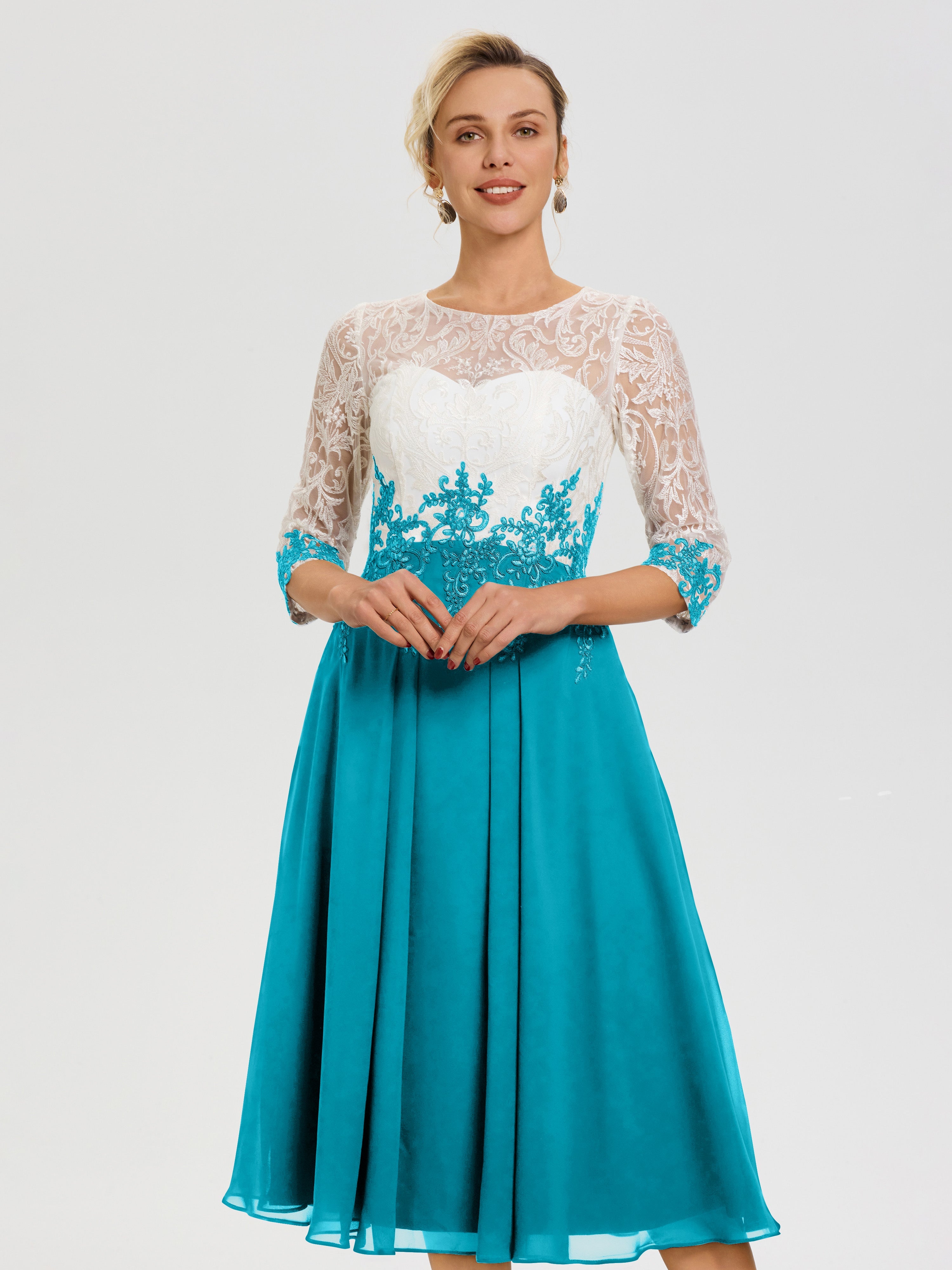 Robe De Cérémonie Mère De La Mariée Ivoire Col Rond Mousseline & Dentelle 3/4 Manches Robe Mère Mariée