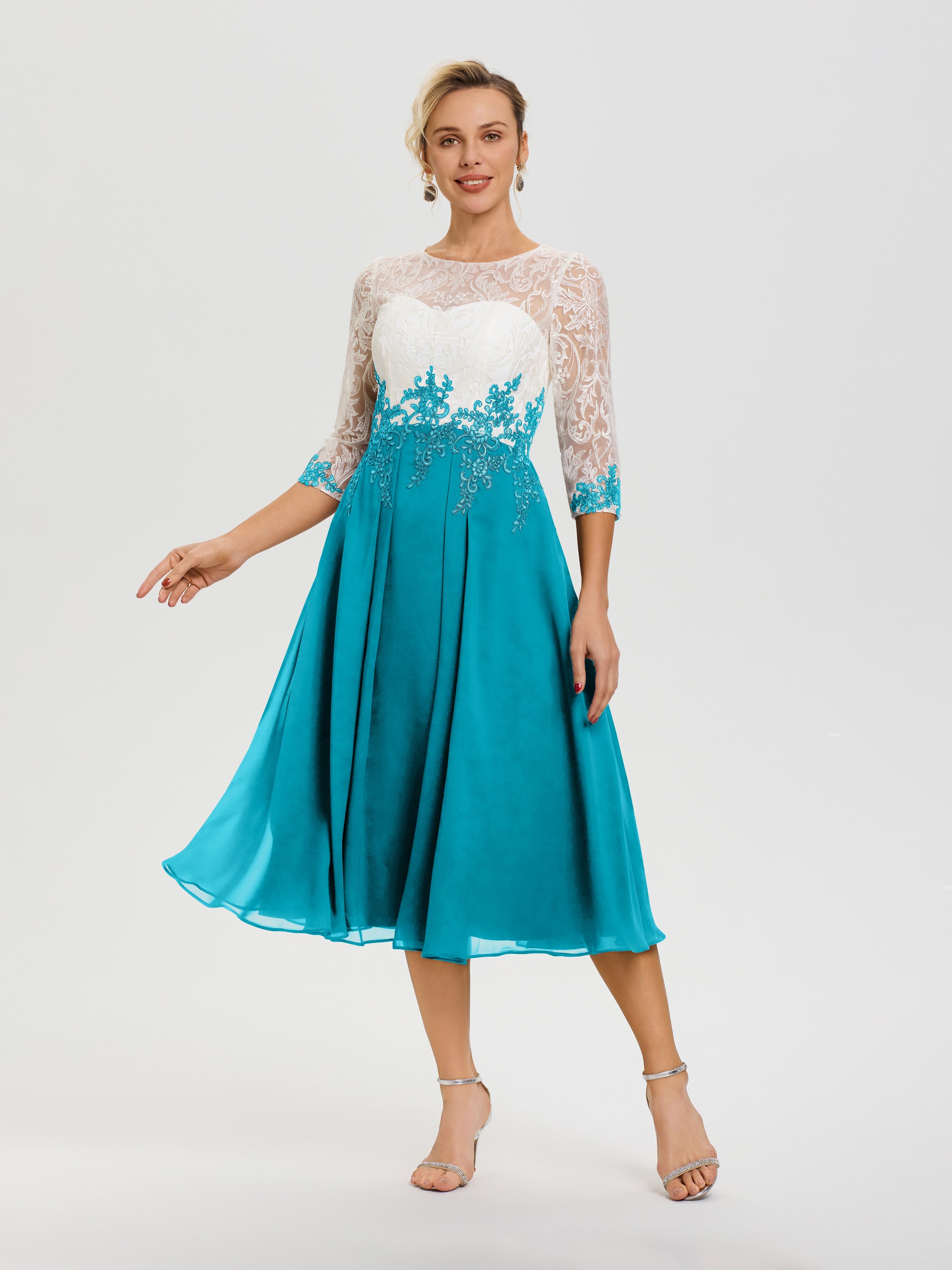 Robe De Cérémonie Mère De La Mariée Ivoire Col Rond Mousseline & Dentelle 3/4 Manches Robe Mère Mariée