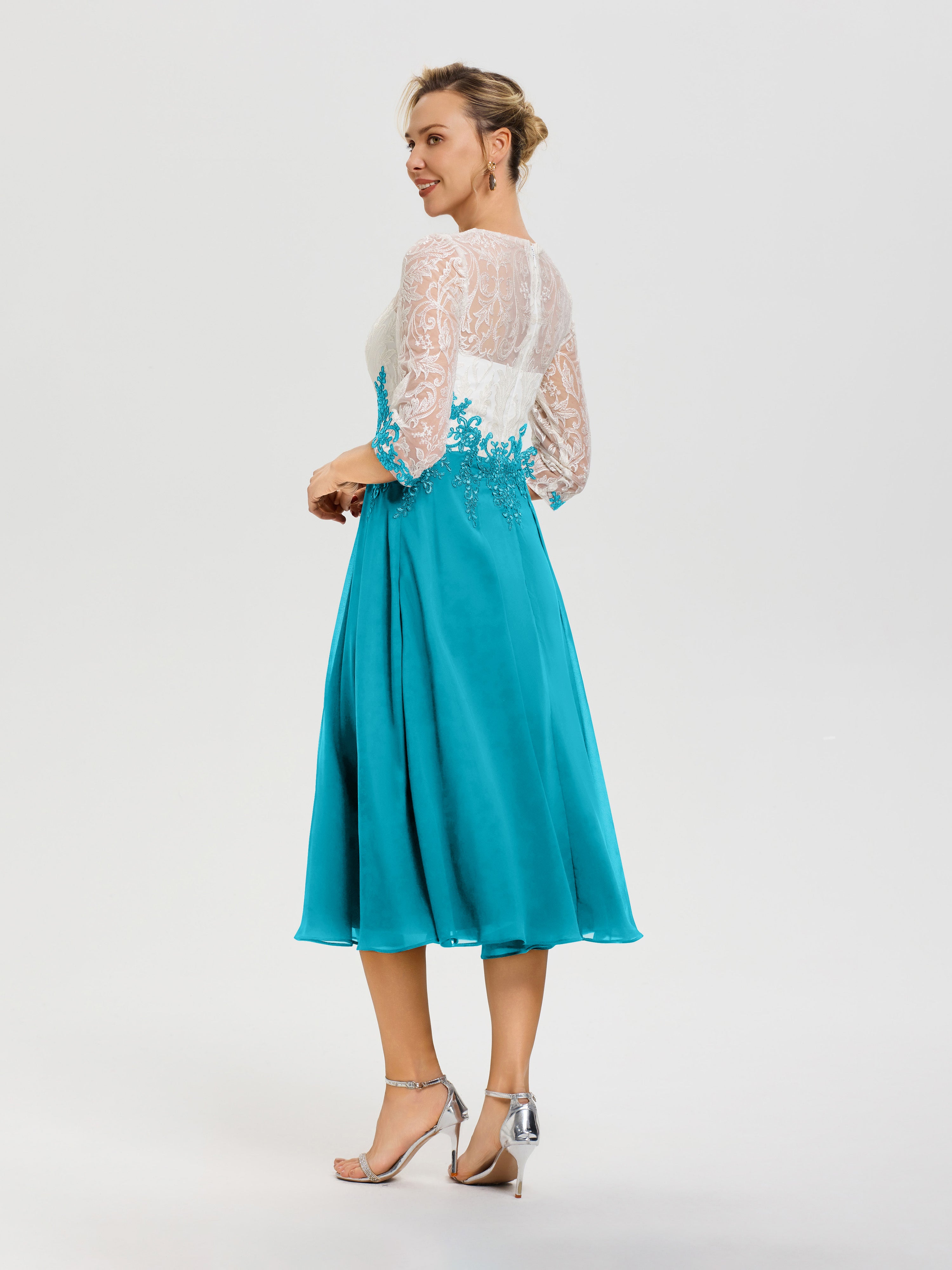 Robe De Cérémonie Mère De La Mariée Ivoire Col Rond Mousseline & Dentelle 3/4 Manches Robe Mère Mariée
