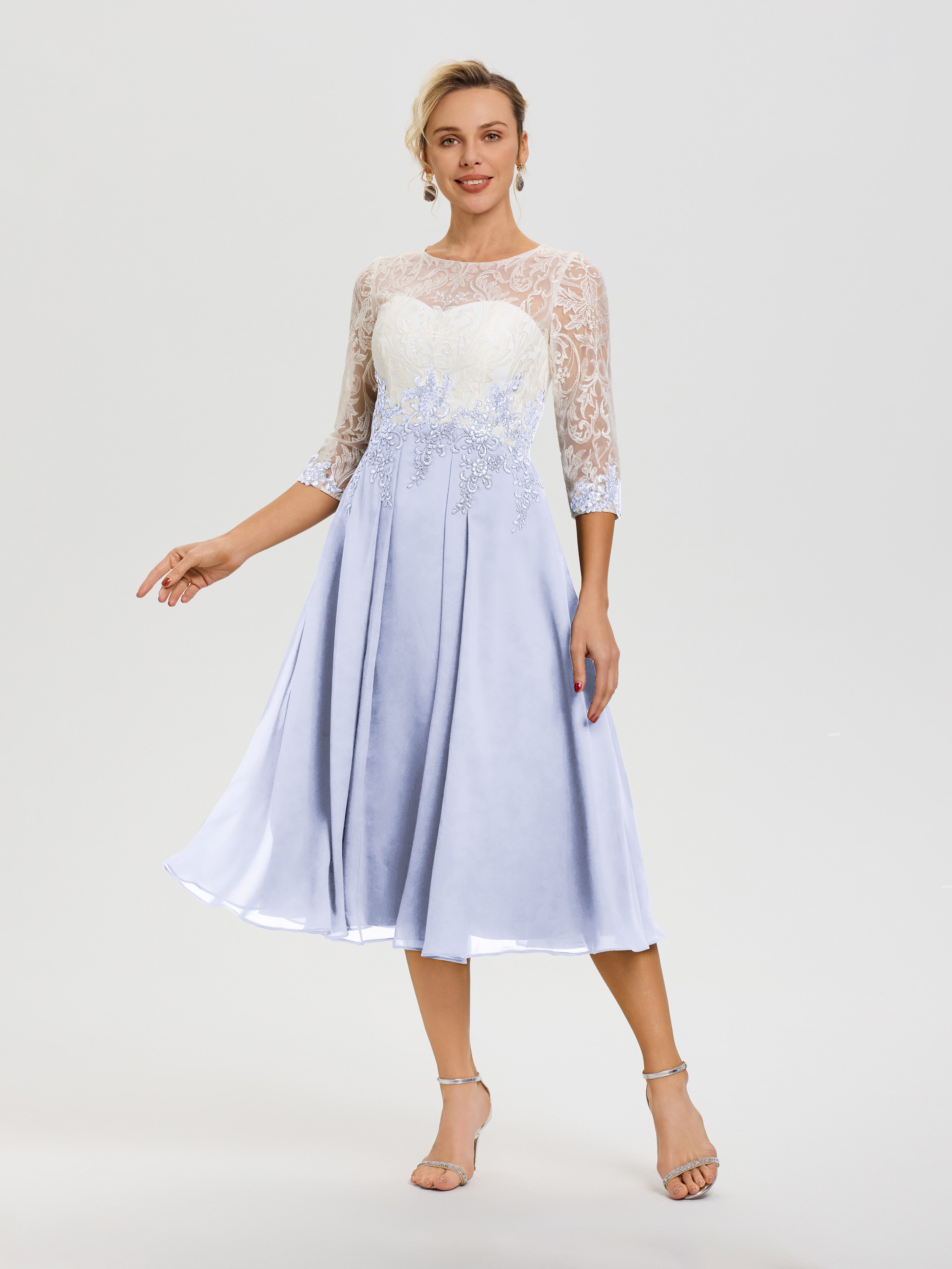 Robe De Cérémonie Mère De La Mariée Lavande Col Rond Mousseline & Dentelle 3/4 Manches Robe Mère Mariée