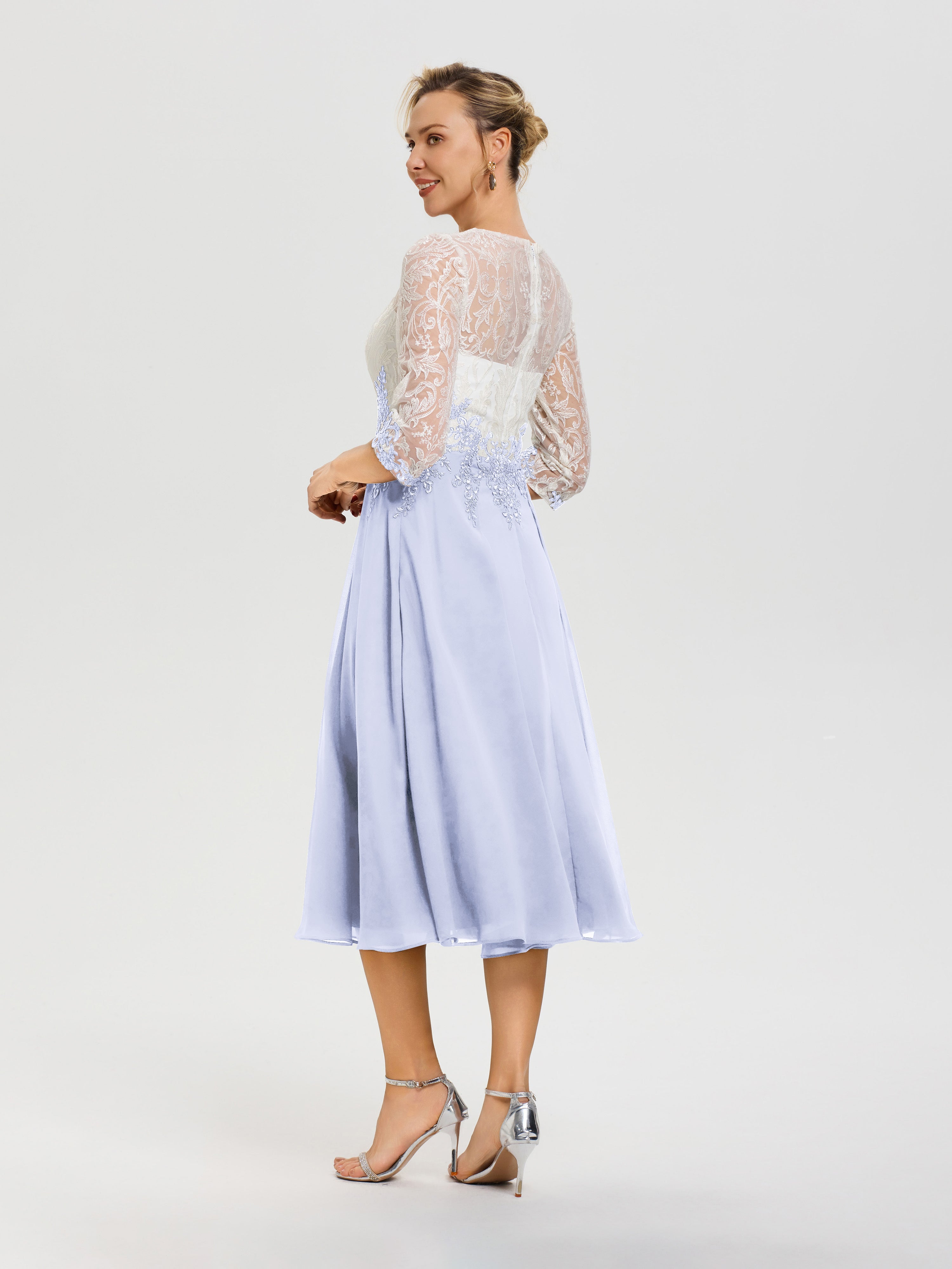 Robe De Cérémonie Mère De La Mariée Lavande Col Rond Mousseline & Dentelle 3/4 Manches Robe Mère Mariée