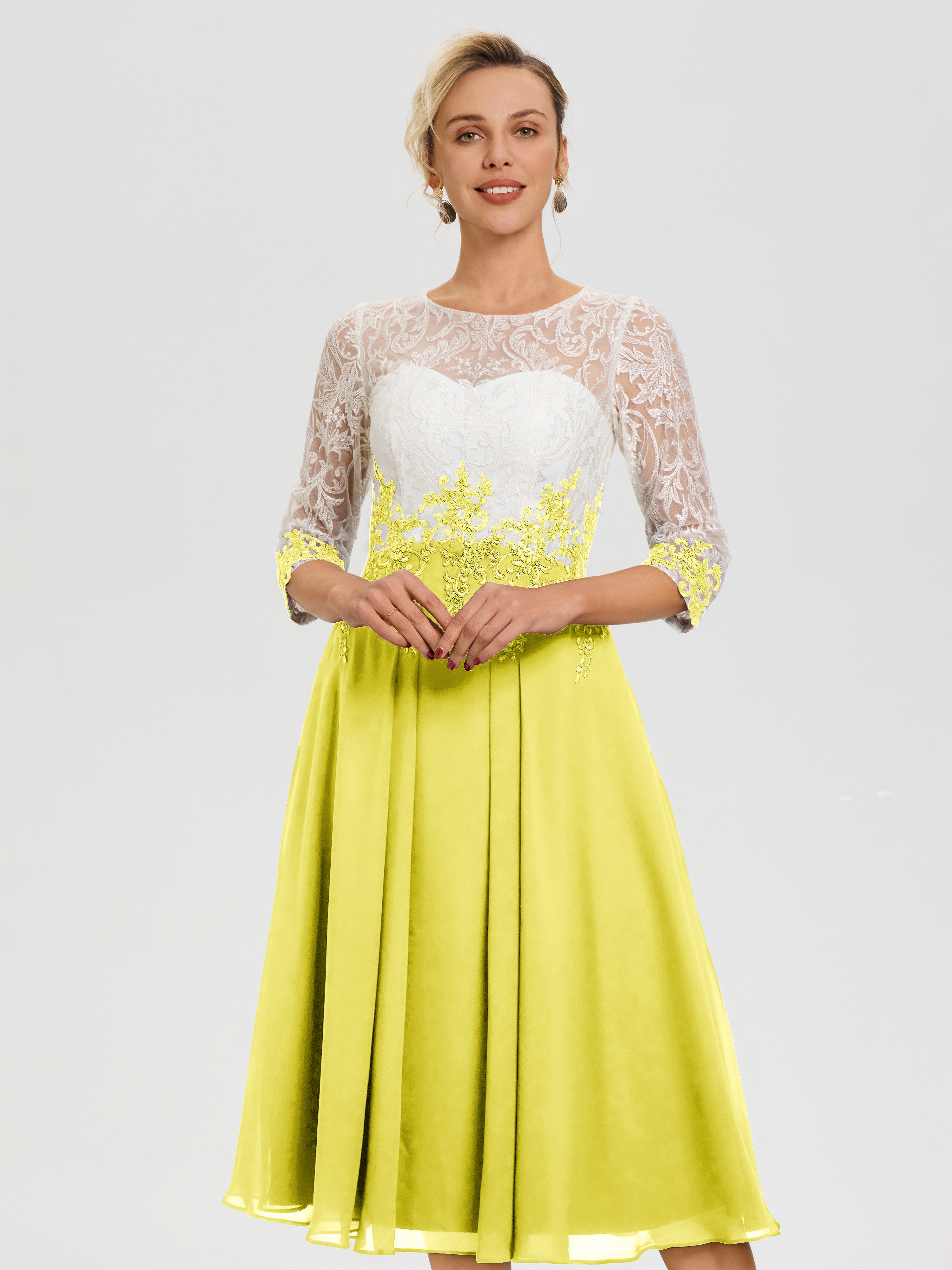 Robe De Mère De Mariée Moderne Citron Col-Rond-Mousseline-Dentelle-3-4-Manches-Robe-Mere-Mariee