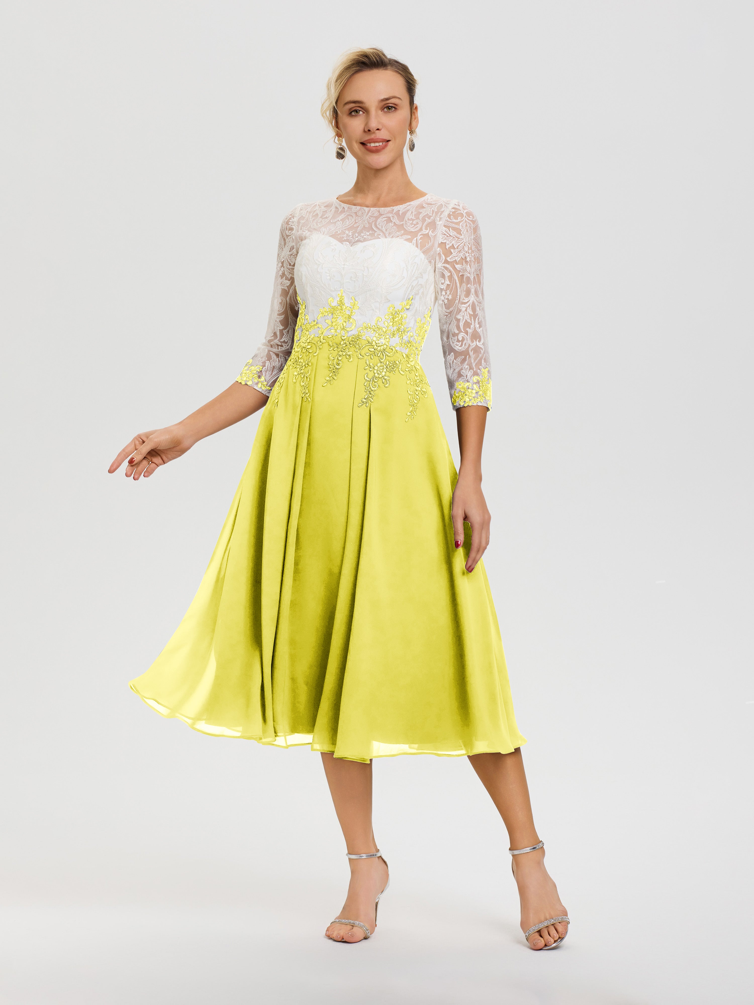Robe De Mère De Mariée Moderne Citron Col-Rond-Mousseline-Dentelle-3-4-Manches-Robe-Mere-Mariee