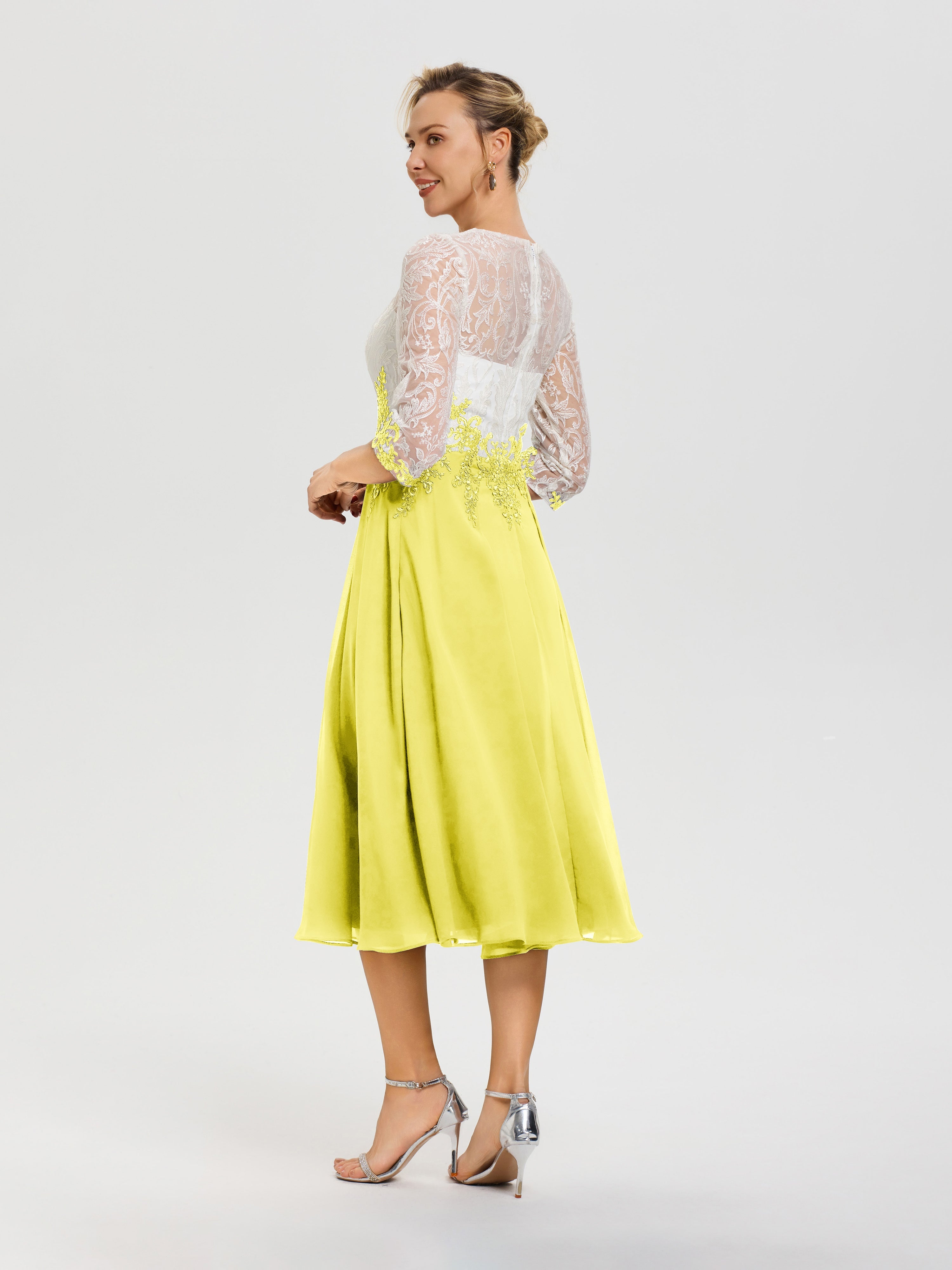 Robe De Mère De Mariée Moderne Citron Col-Rond-Mousseline-Dentelle-3-4-Manches-Robe-Mere-Mariee