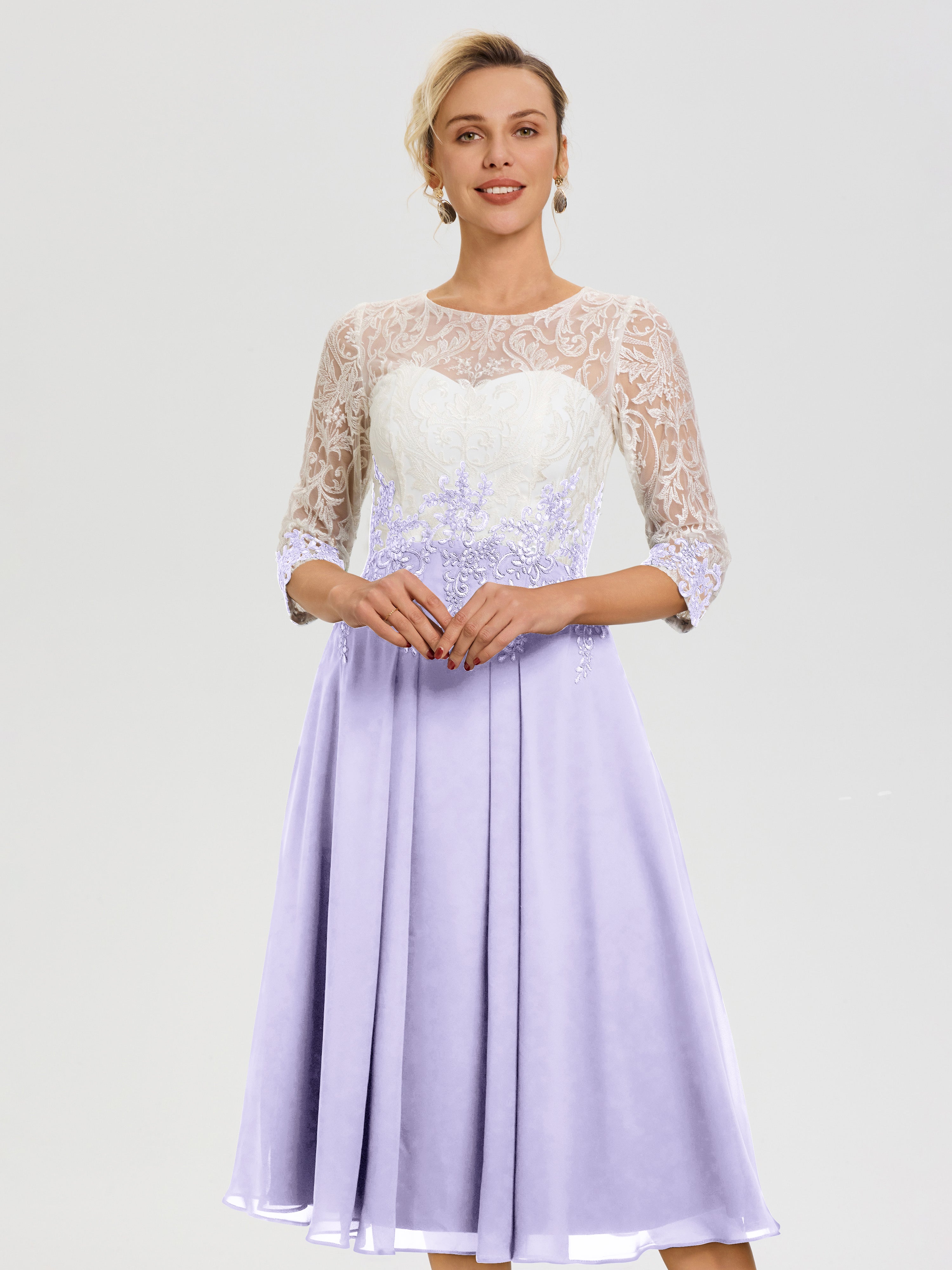 Robe De Cérémonie Mère De La Mariée Lilas Col Rond Mousseline & Dentelle 3/4 Manches Robe Mère Mariée
