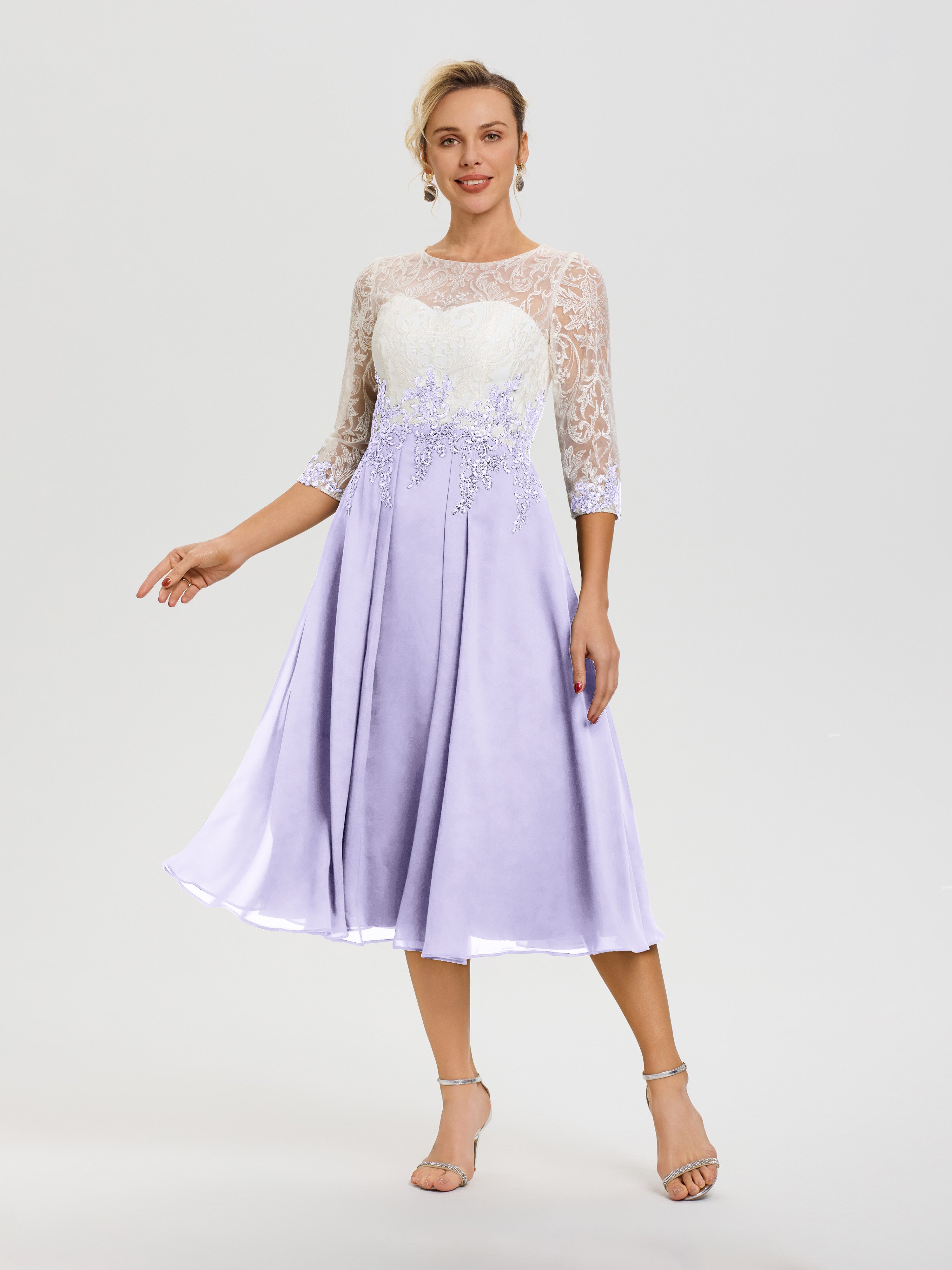 Robe De Cérémonie Mère De La Mariée Lilas Col Rond Mousseline & Dentelle 3/4 Manches Robe Mère Mariée