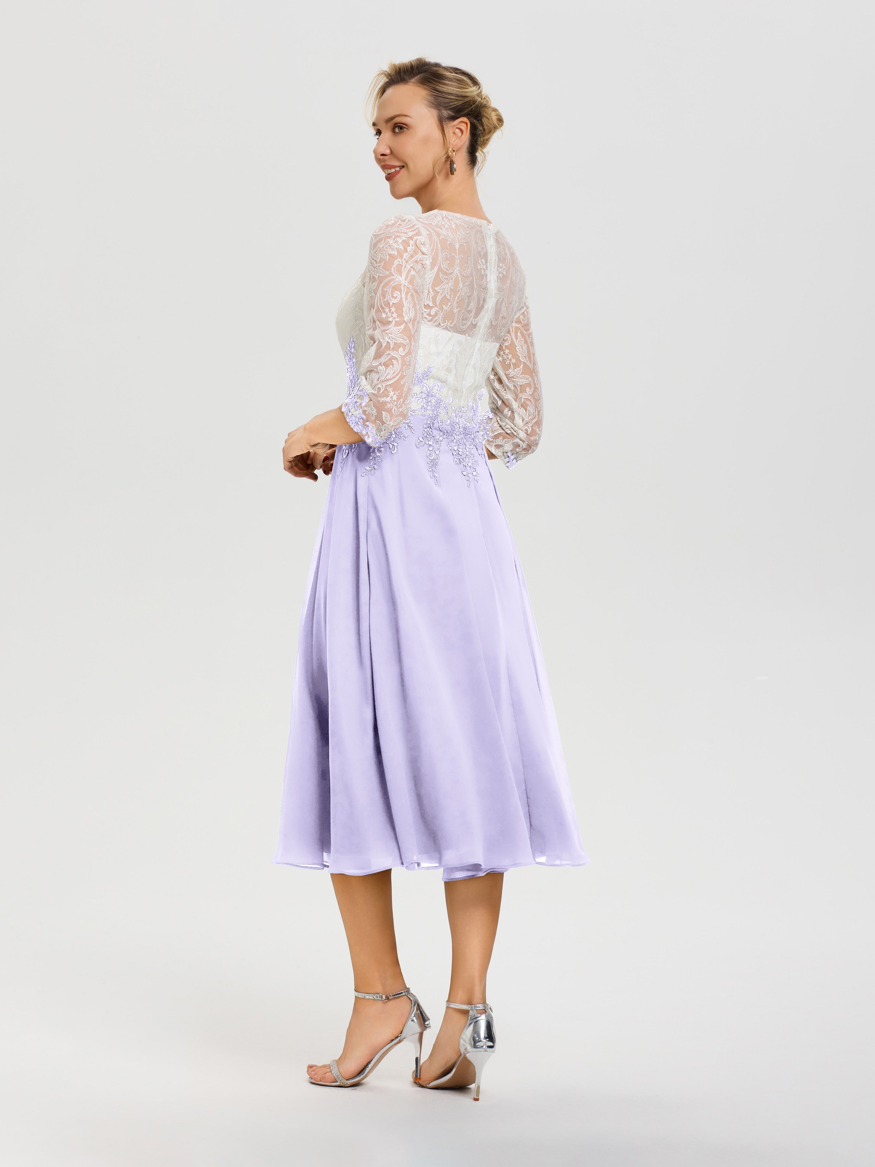 Robe De Cérémonie Mère De La Mariée Lilas Col Rond Mousseline & Dentelle 3/4 Manches Robe Mère Mariée