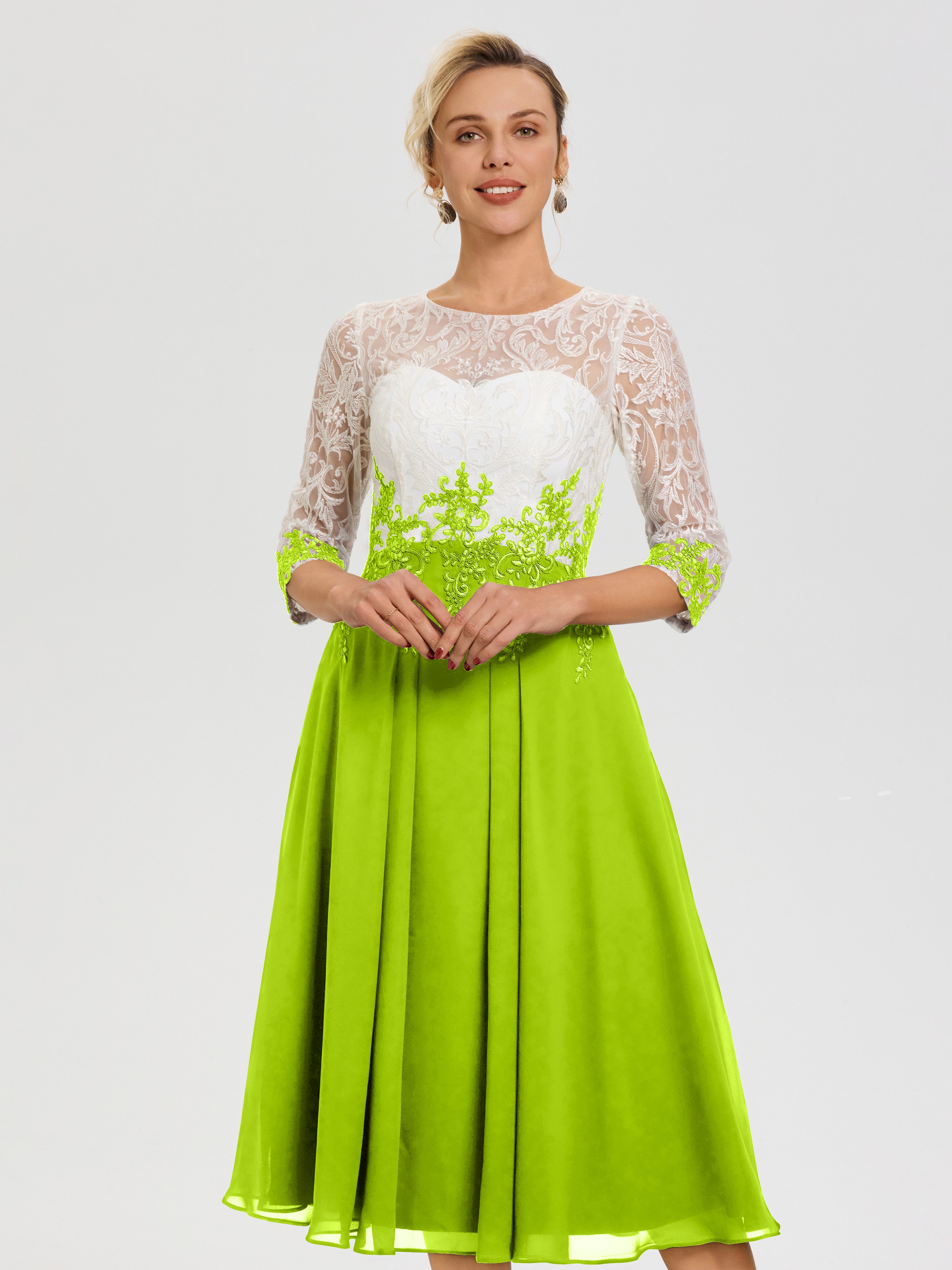 Robe De La Mère De La Mariée Vert Citron Col Rond Mousseline & Dentelle 3/4 Manches Robe Mère Mariée