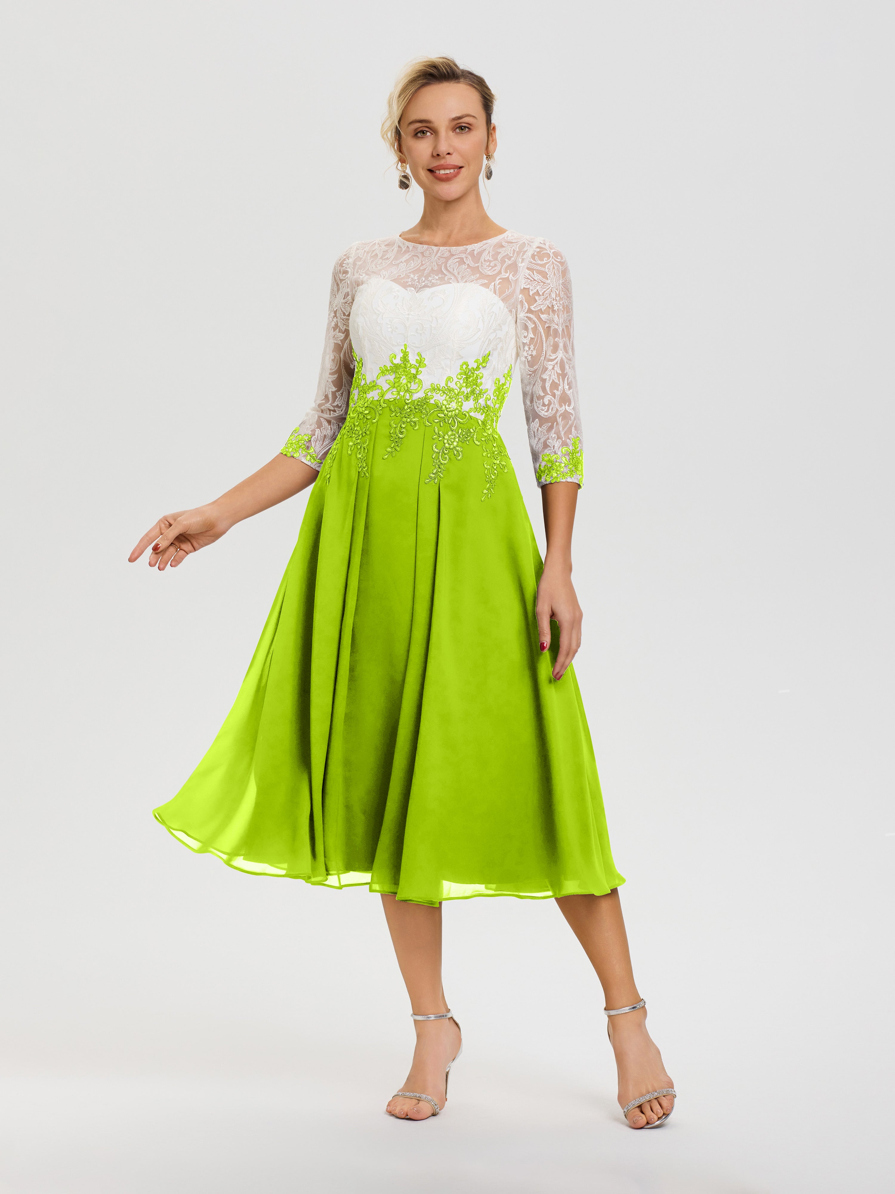 Robe De La Mère De La Mariée Vert Citron Col Rond Mousseline & Dentelle 3/4 Manches Robe Mère Mariée