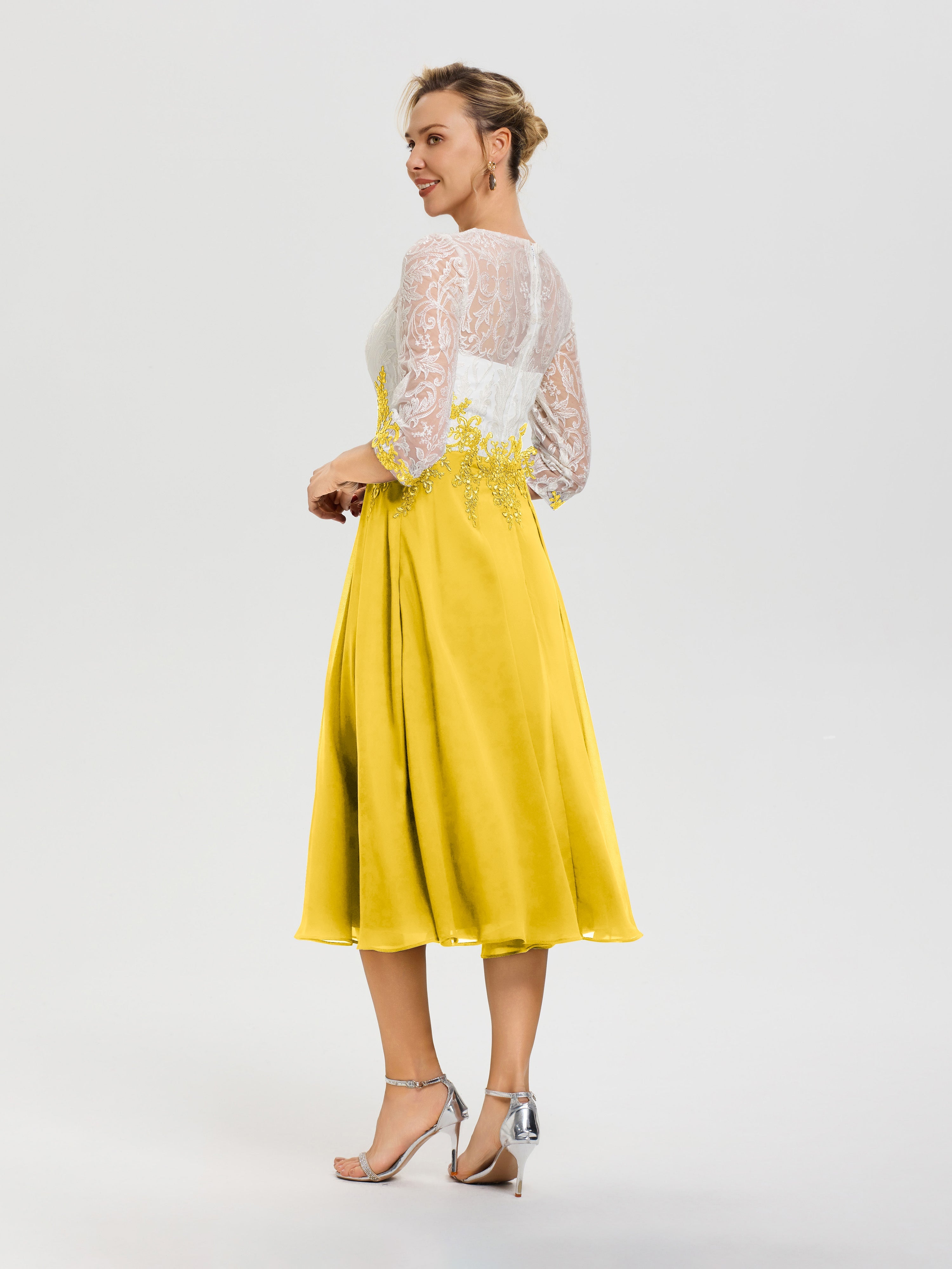 Robes De Mère De Mariée Souci Col Rond Mousseline & Dentelle 3/4 Manches Robe Mère Mariée