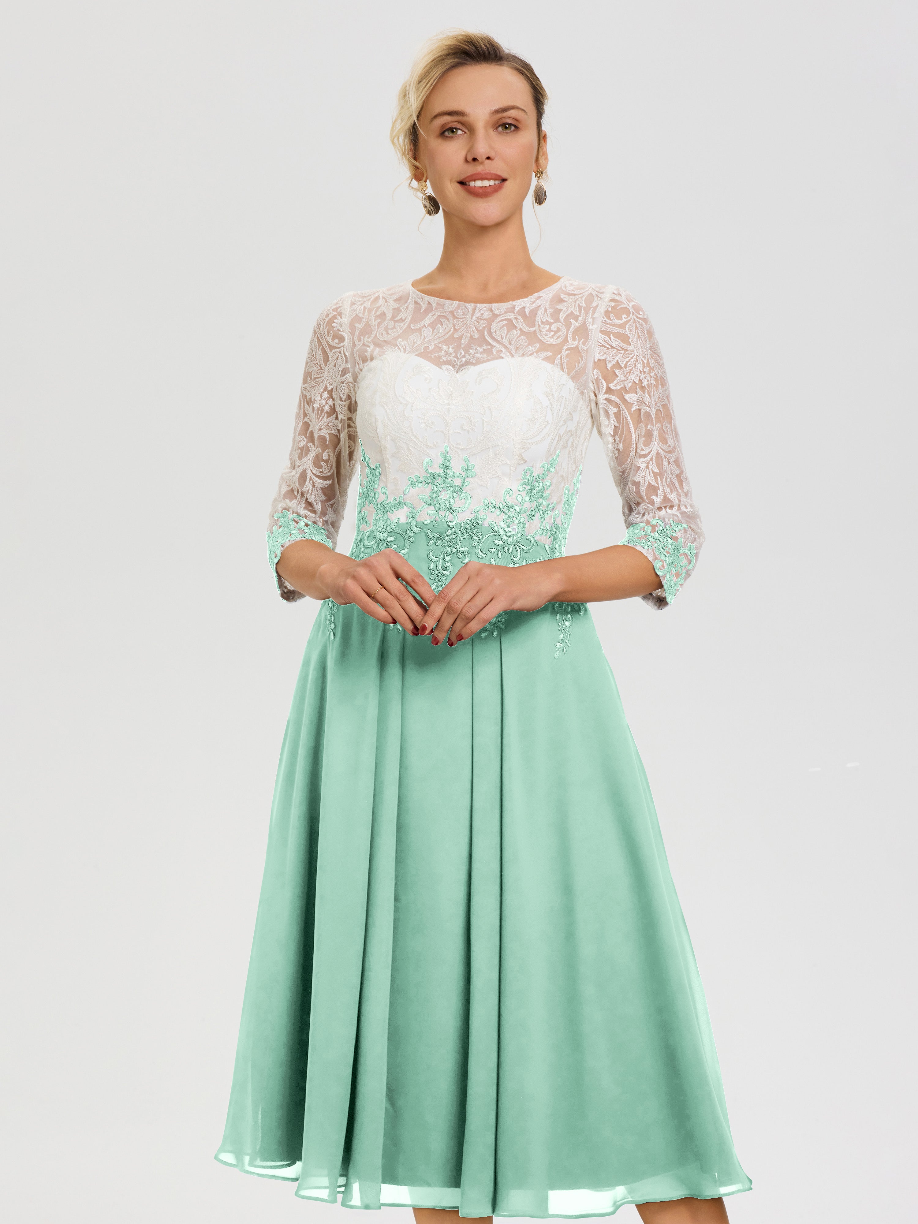 Robe Pour Mère De Mariée Vert Menthe Col Rond Mousseline & Dentelle 3/4 Manches Robe Mère Mariée