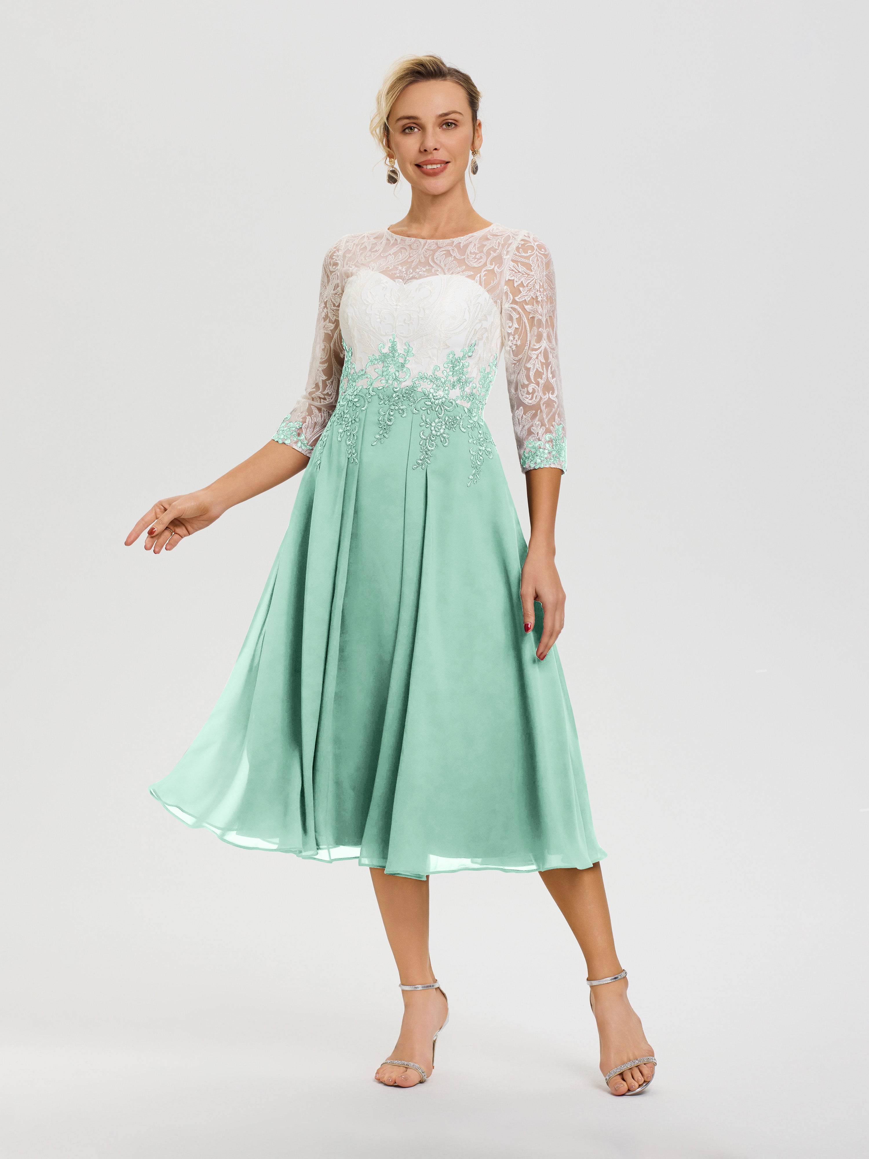 Robe Pour Mère De Mariée Vert Menthe Col Rond Mousseline & Dentelle 3/4 Manches Robe Mère Mariée