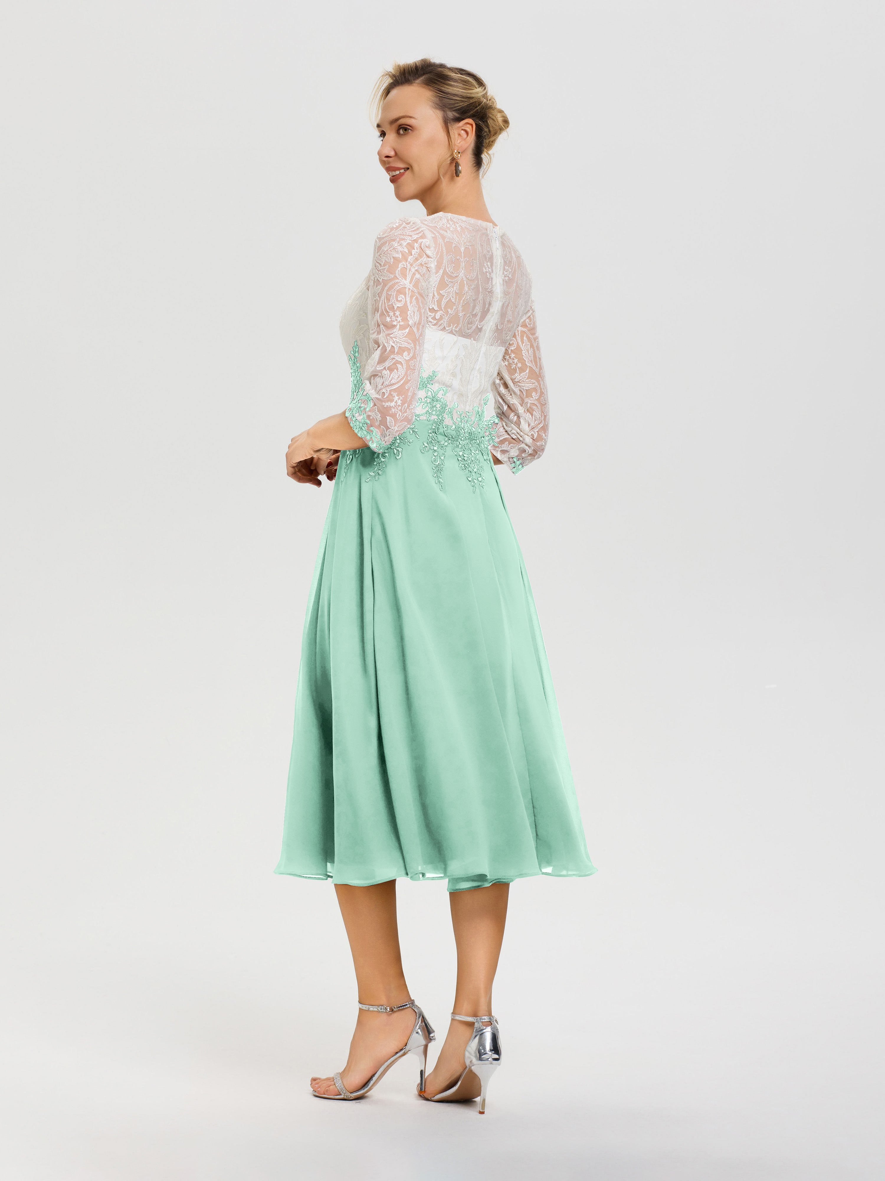 Robe Pour Mère De Mariée Vert Menthe Col Rond Mousseline & Dentelle 3/4 Manches Robe Mère Mariée