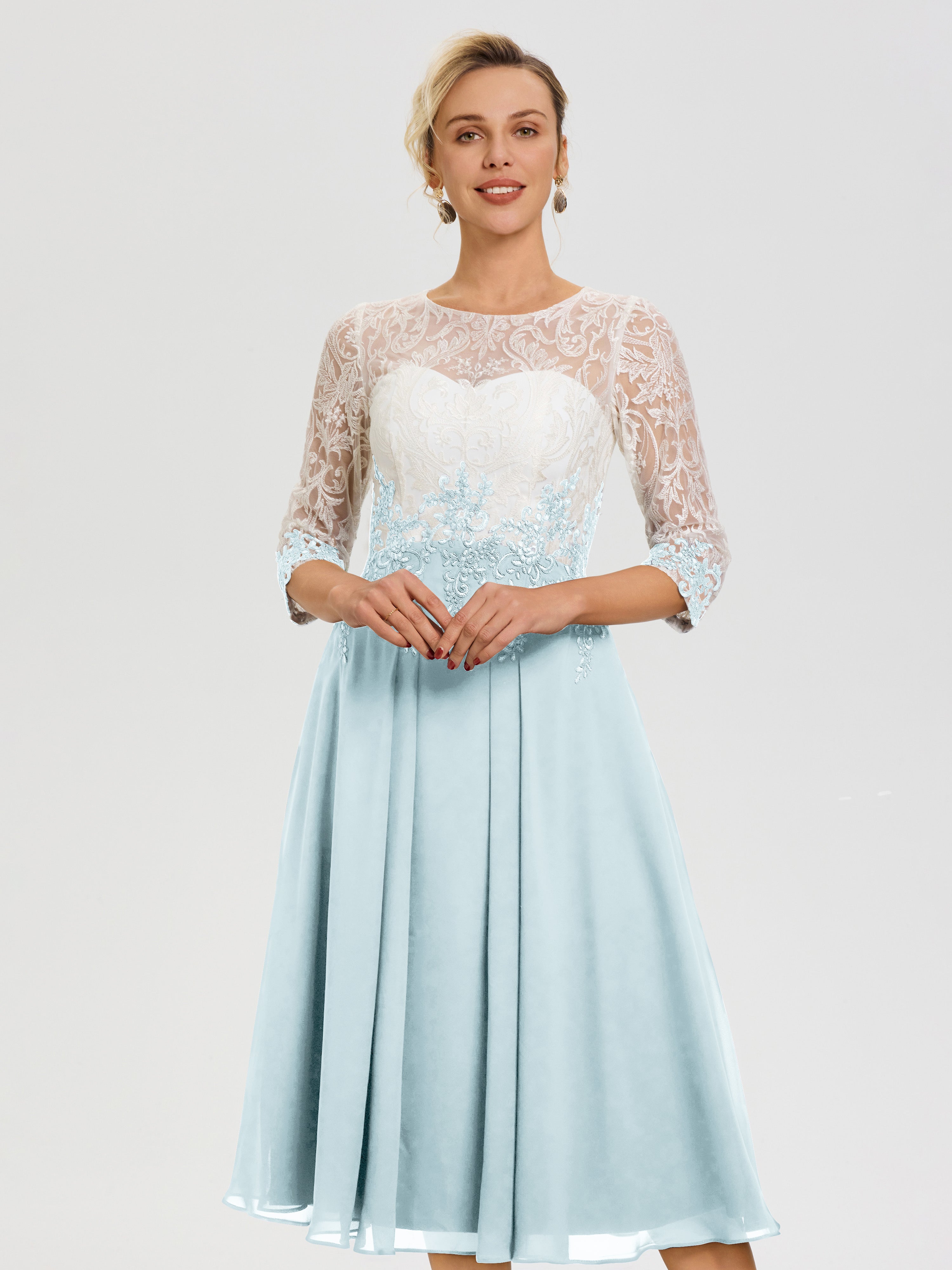 Robe De Mère De Mariée Moderne Brume Col-Rond-Mousseline-Dentelle-3-4-Manches-Robe-Mere-Mariee