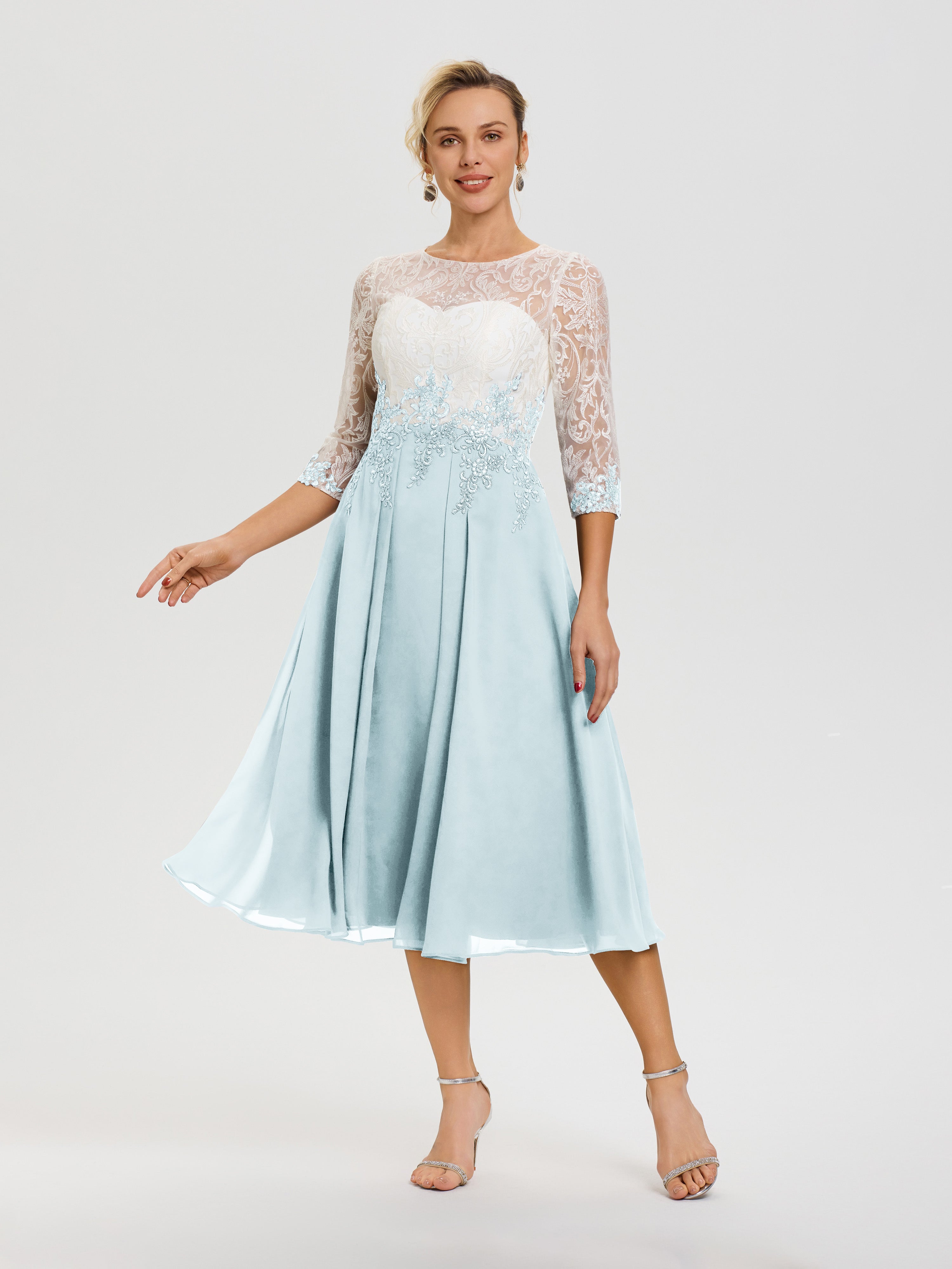 Robe De Mère De Mariée Moderne Brume Col-Rond-Mousseline-Dentelle-3-4-Manches-Robe-Mere-Mariee