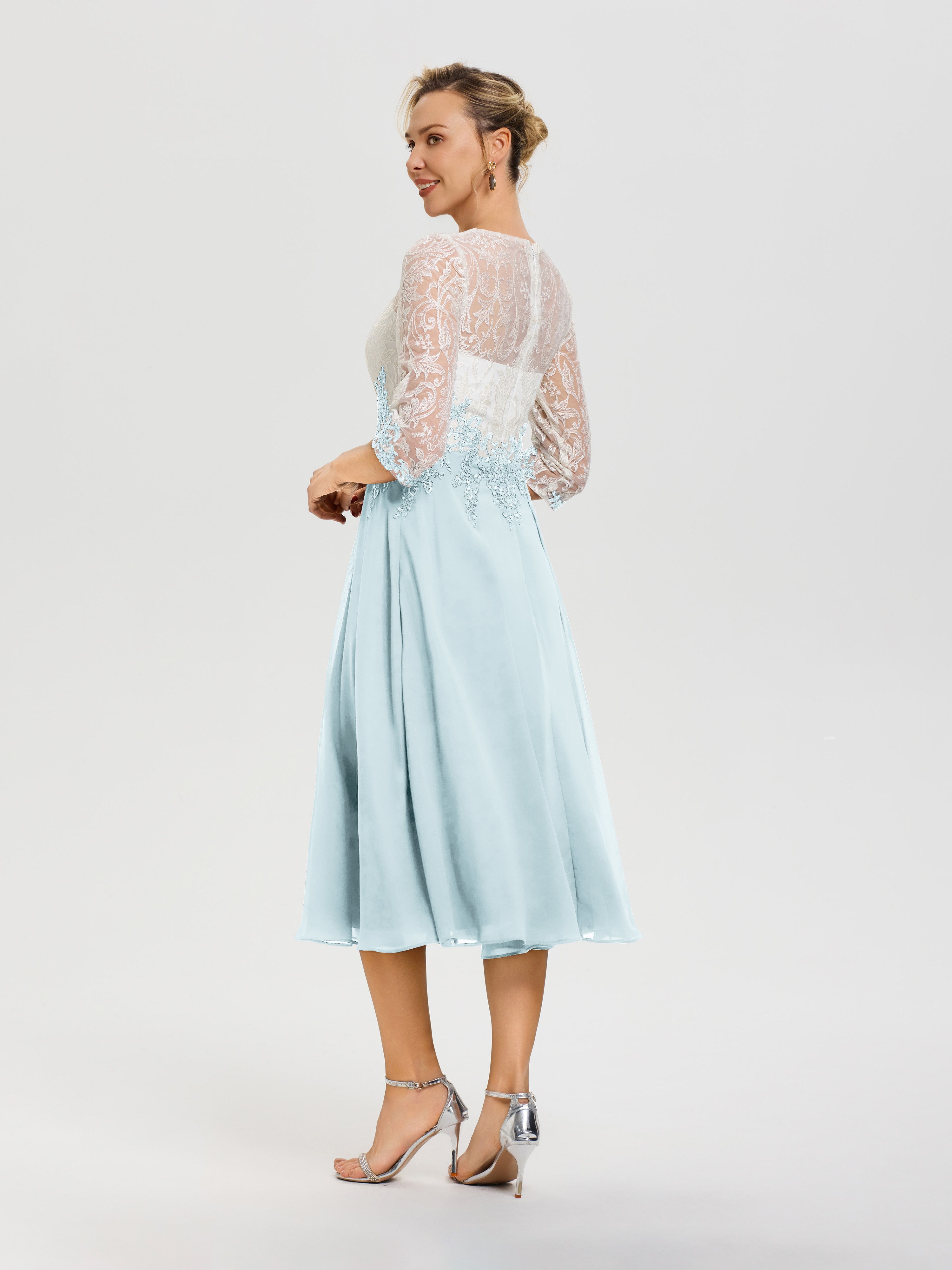 Robe De Mère De Mariée Moderne Brume Col-Rond-Mousseline-Dentelle-3-4-Manches-Robe-Mere-Mariee