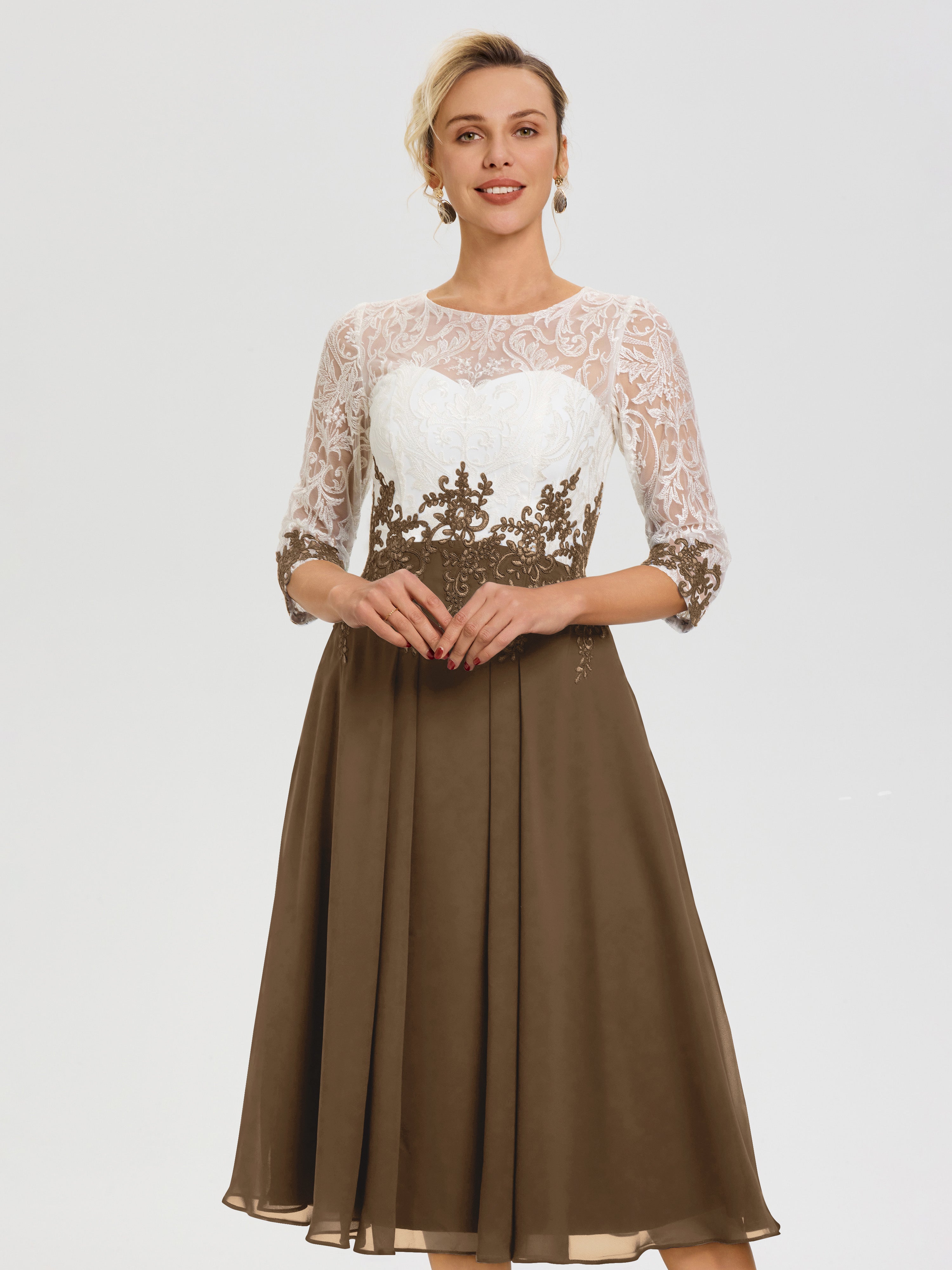 Robe De Mère De Mariée Moderne Moka Col Rond Mousseline & Dentelle 3/4 Manches Robe Mère Mariée