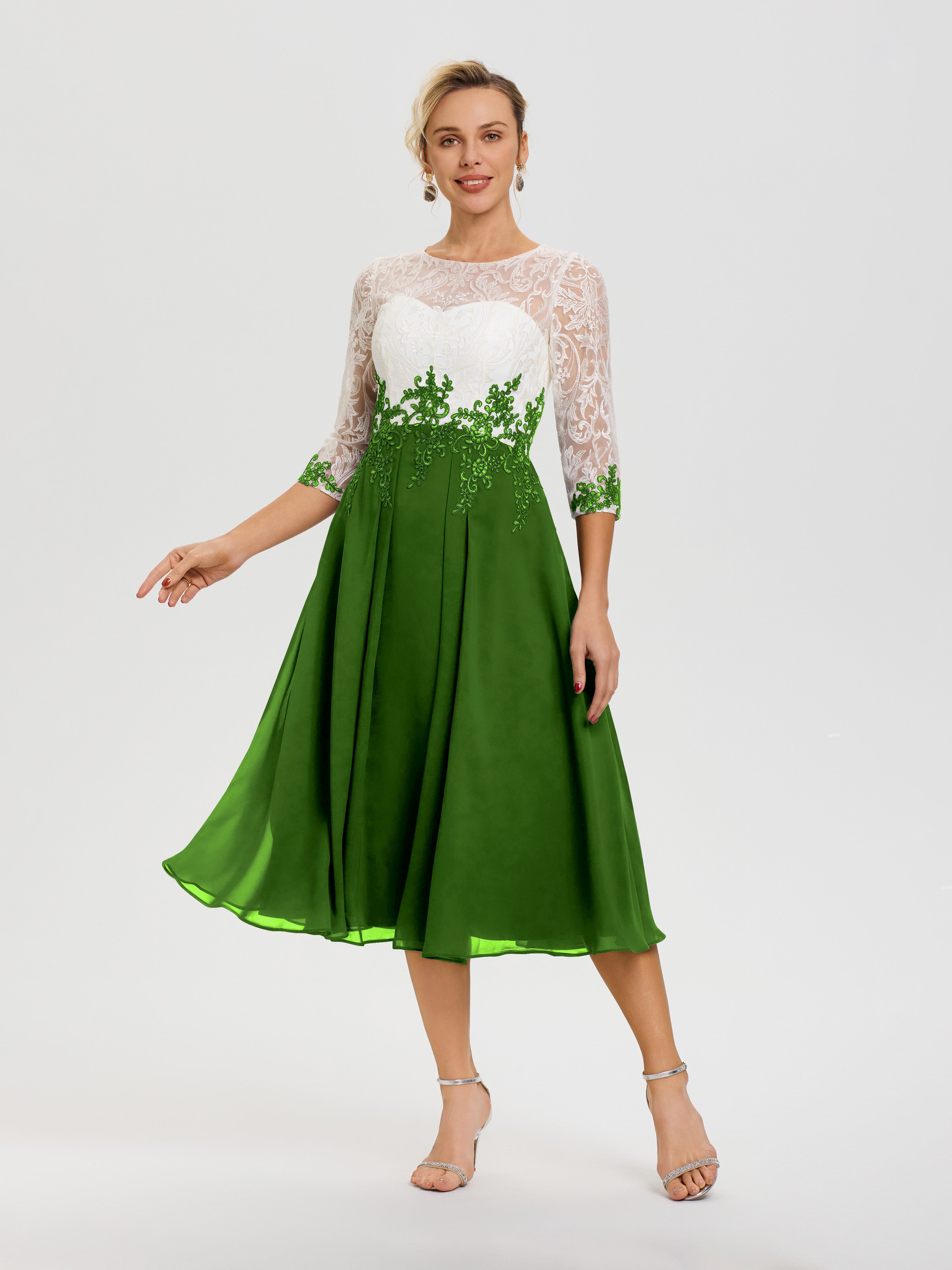 Robe De Mère De Mariée Moderne Mousse Col Rond Mousseline & Dentelle 3/4 Manches Robe Mère Mariée