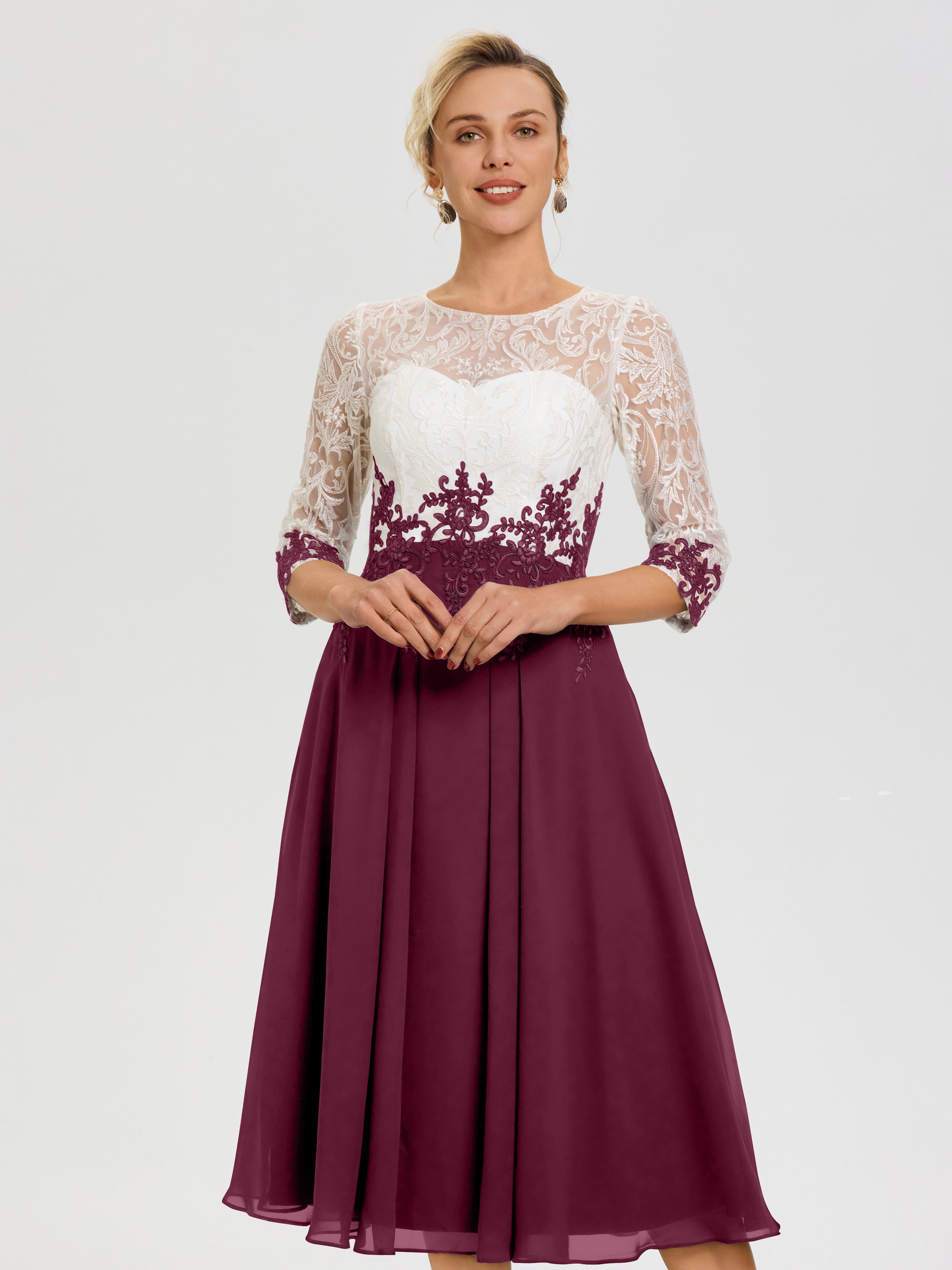 Robe De Cérémonie Mère De La Mariée Mure Col Rond Mousseline & Dentelle 3/4 Manches Robe Mère Mariée