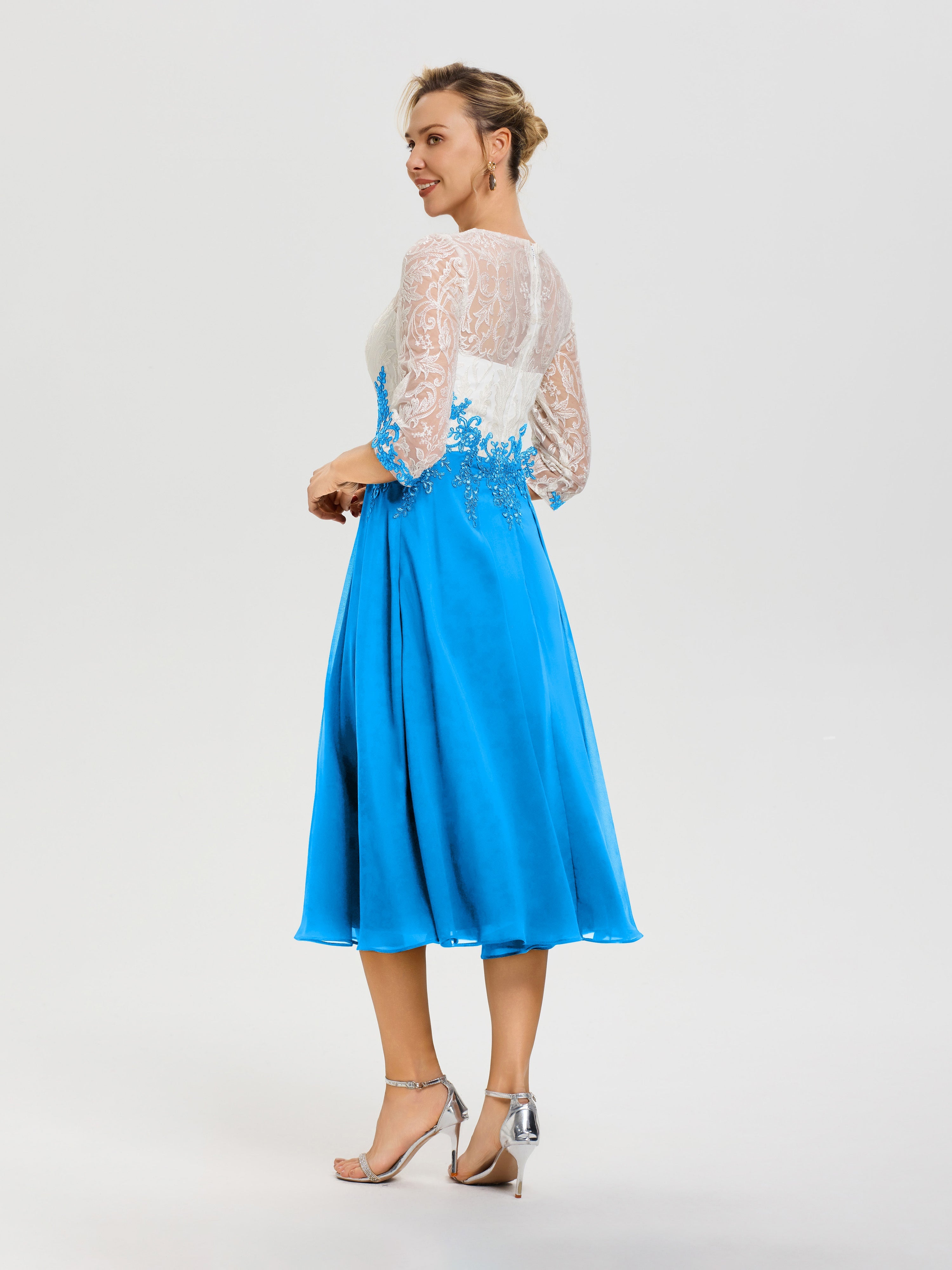 Robe Mère De Mariée Bleu Océan Col Rond Mousseline & Dentelle 3/4 Manches Robe Mère Mariée