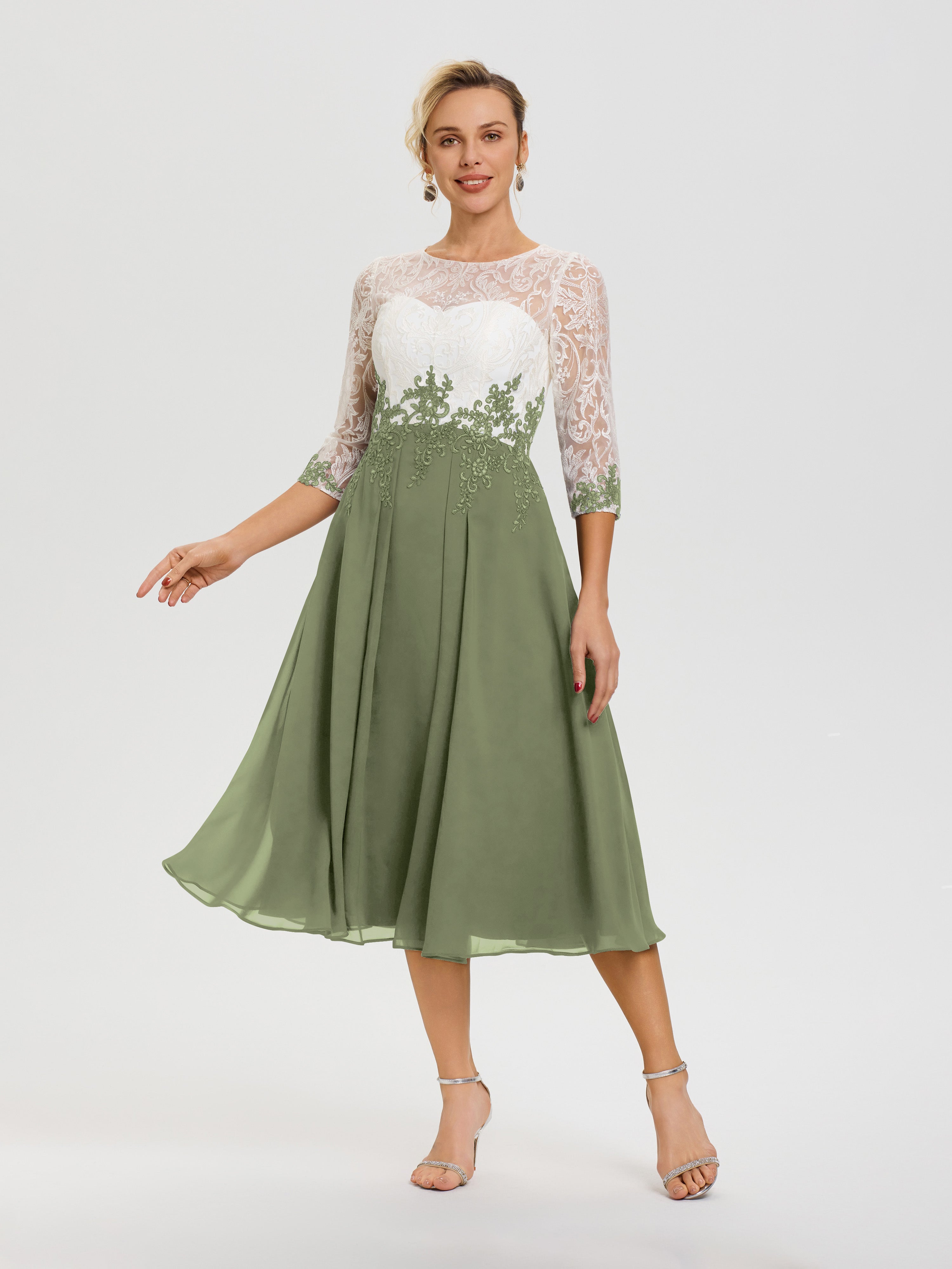 Robe Chic Mère De La Mariée Vert Olive Col Rond Mousseline & Dentelle 3/4 Manches Robe Mère Mariée