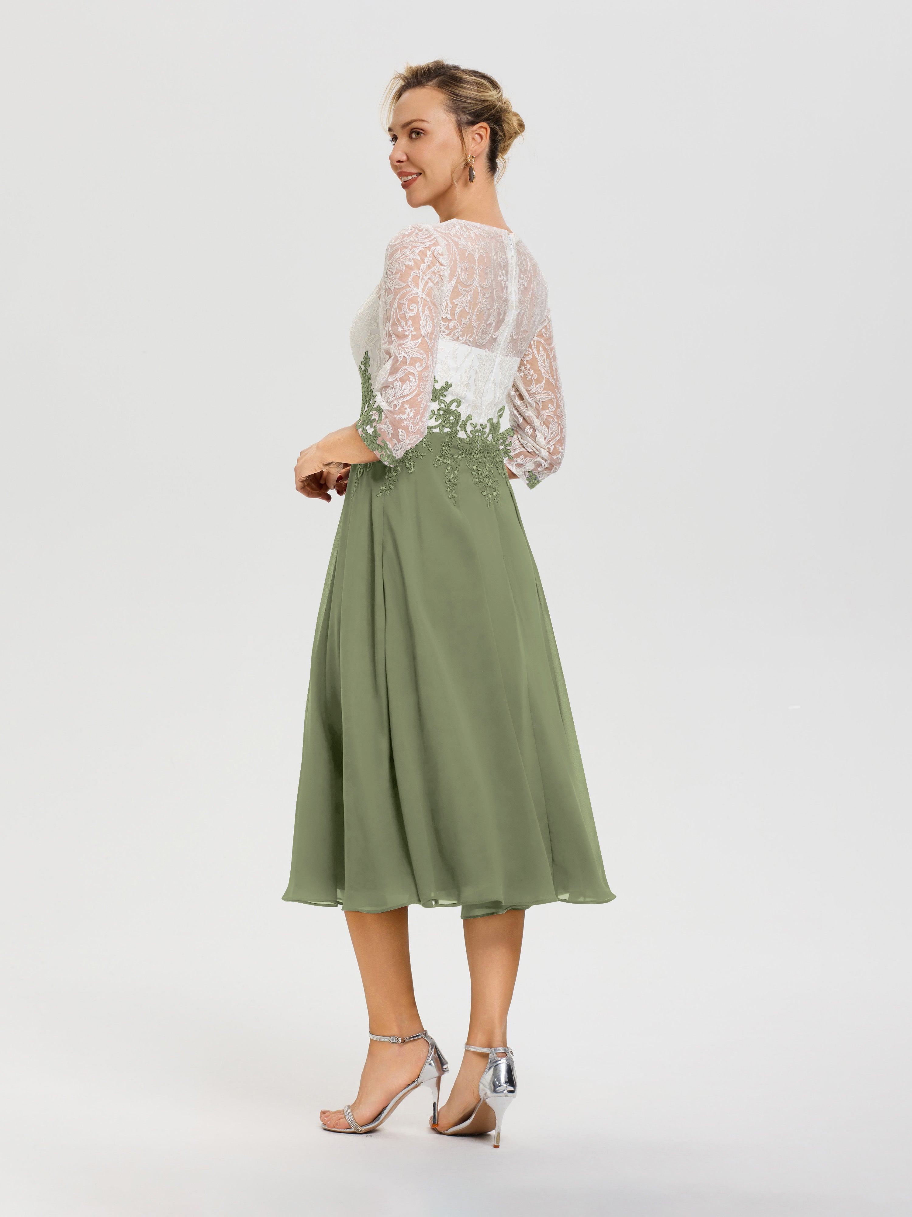 Robe Chic Mère De La Mariée Vert Olive Col Rond Mousseline & Dentelle 3/4 Manches Robe Mère Mariée