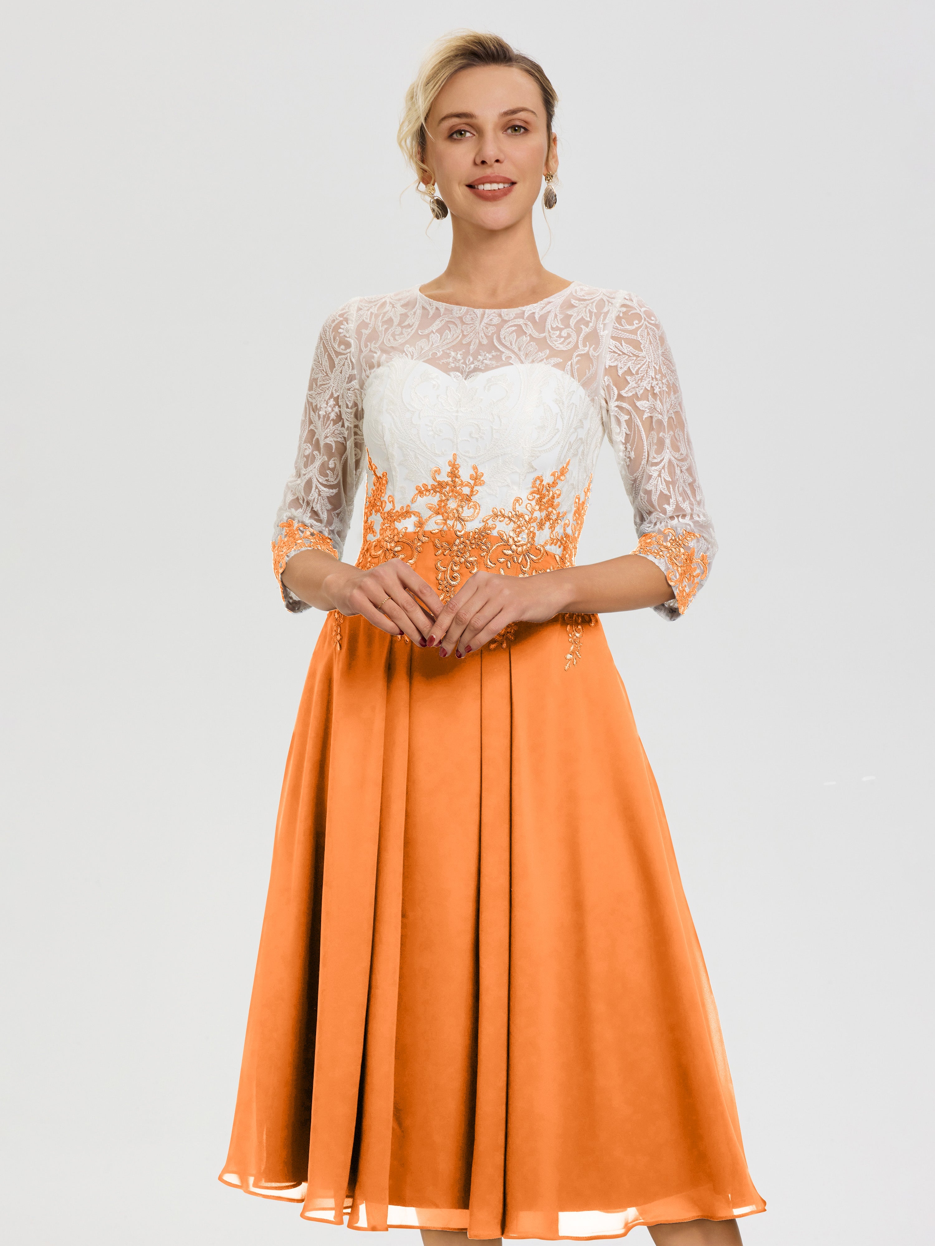 Robe De Cérémonie Mère De La Mariée Orange Col Rond Mousseline Dente