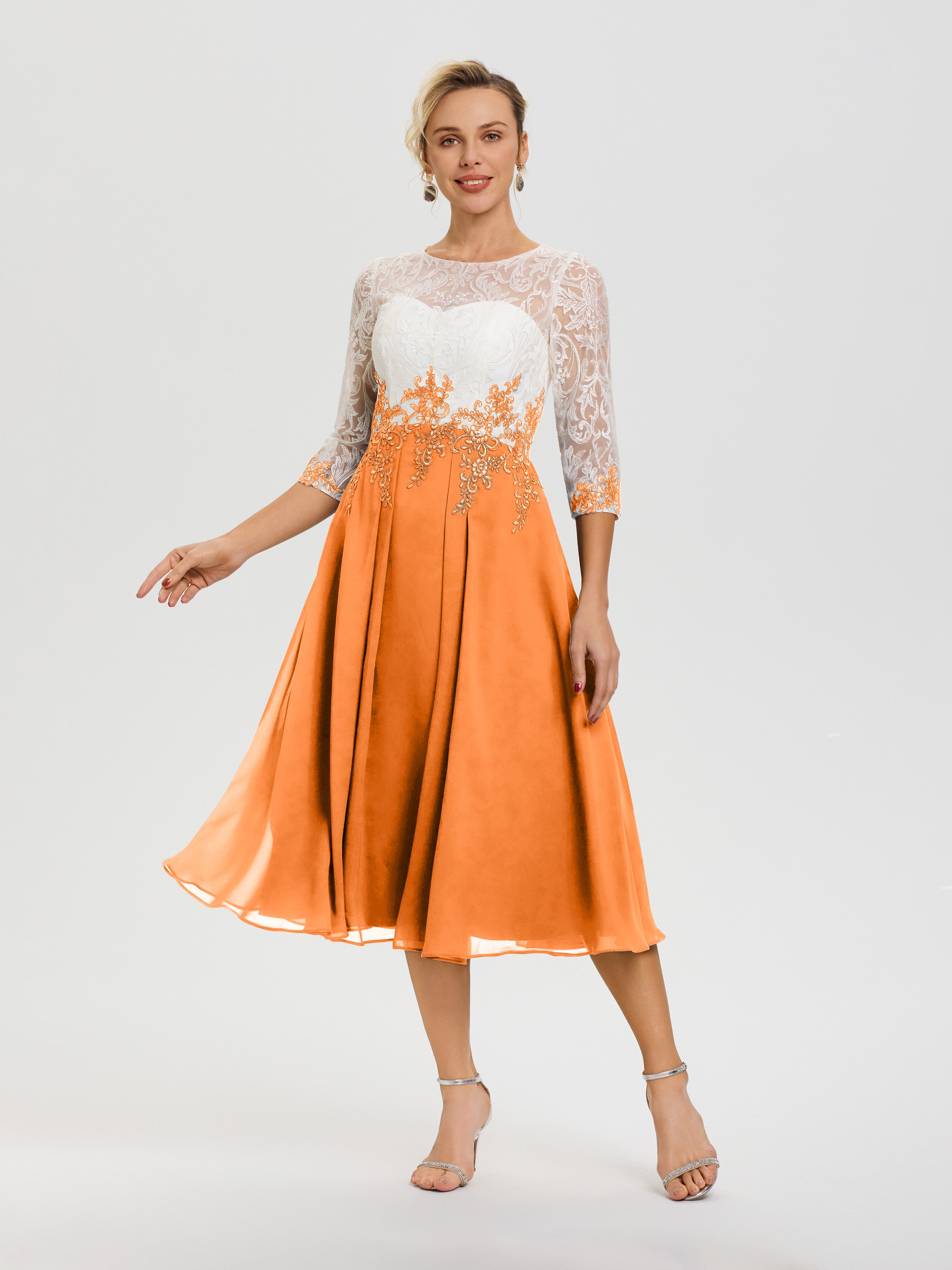 Robe De Cérémonie Mère De La Mariée Orange Col Rond Mousseline & Dentelle 3/4 Manches Robe Mère Mariée
