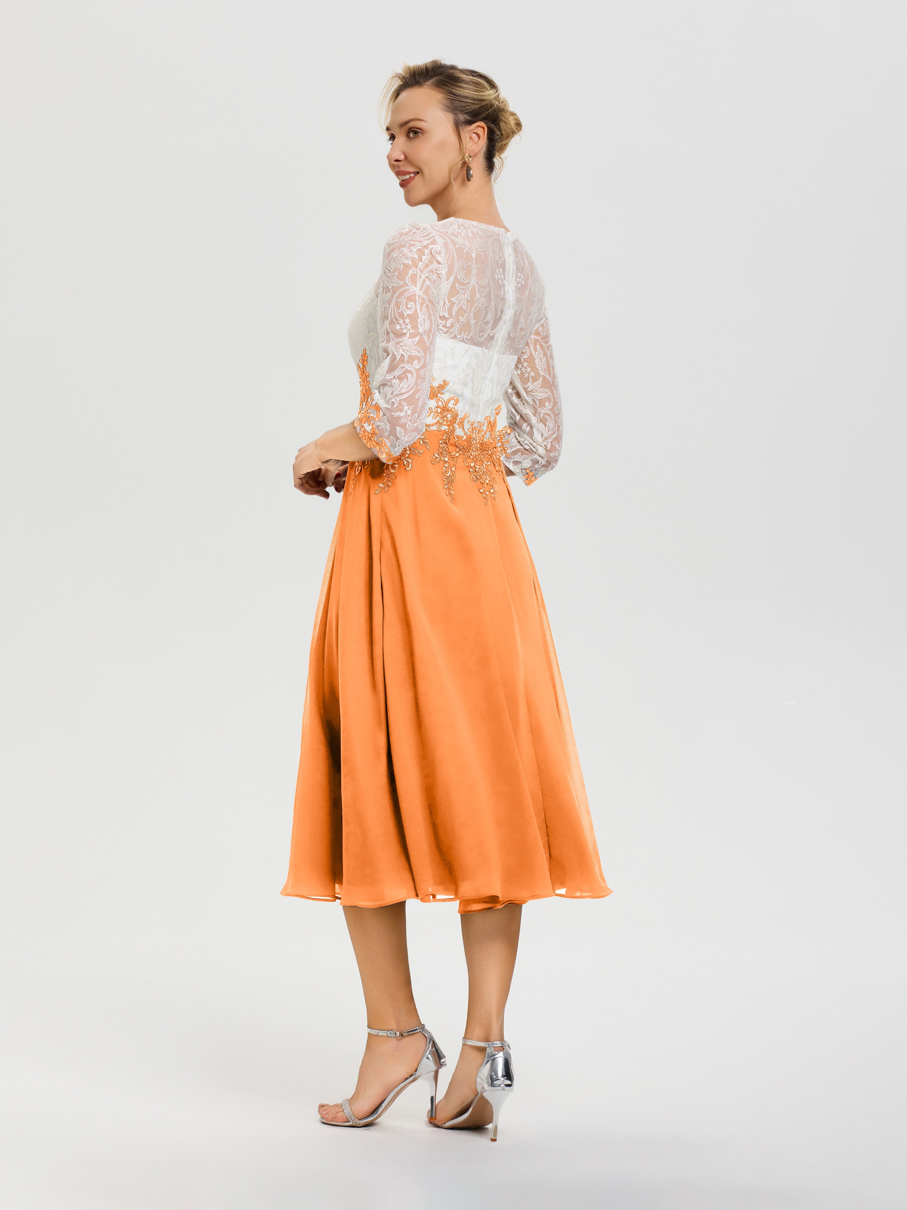 Robe De Cérémonie Mère De La Mariée Orange Col Rond Mousseline & Dentelle 3/4 Manches Robe Mère Mariée