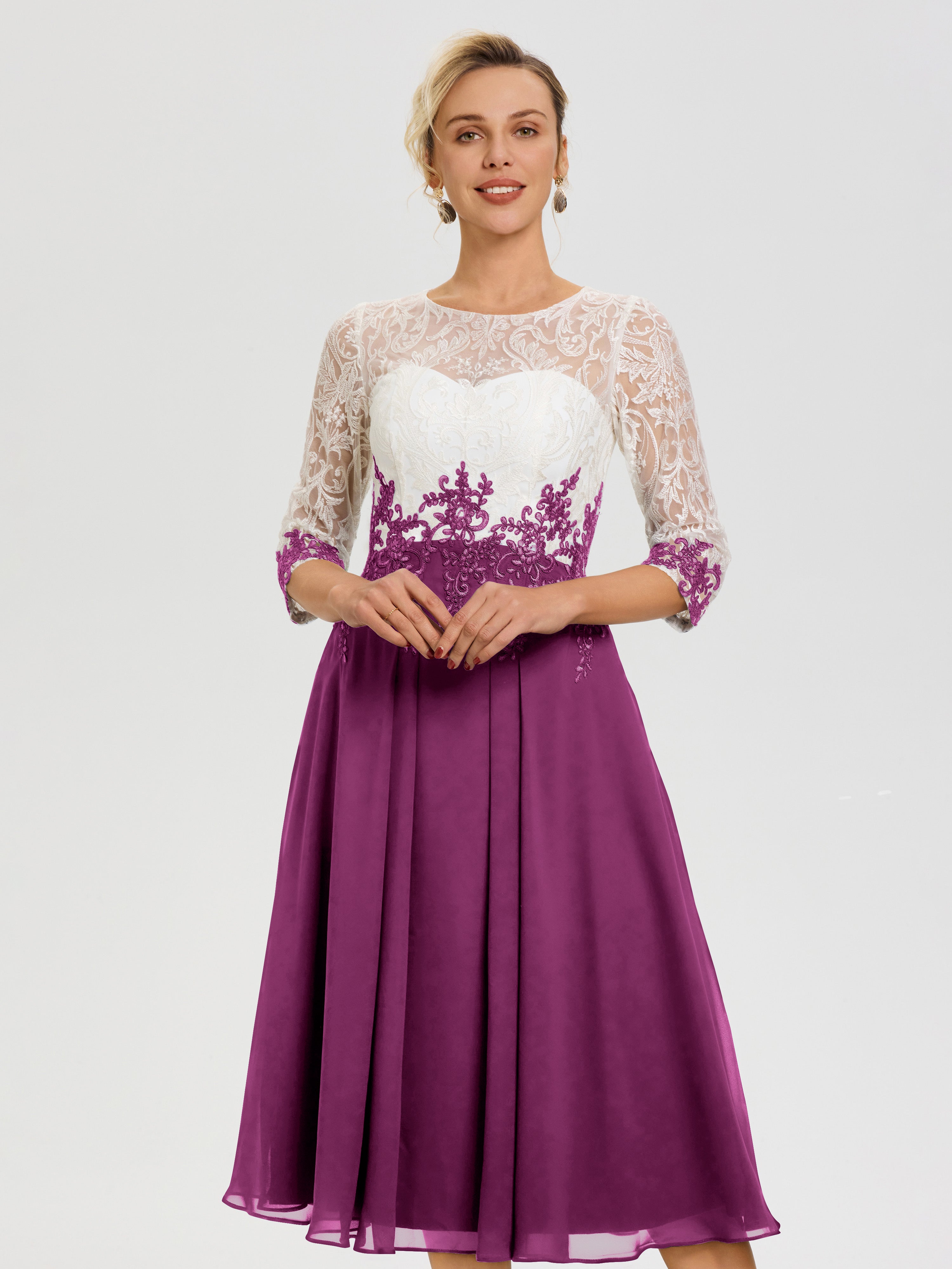 Robe De Cérémonie Mère De La Mariée Orchidée Col Rond Mousseline & Dentelle 3/4 Manches Robe Mère Mariée