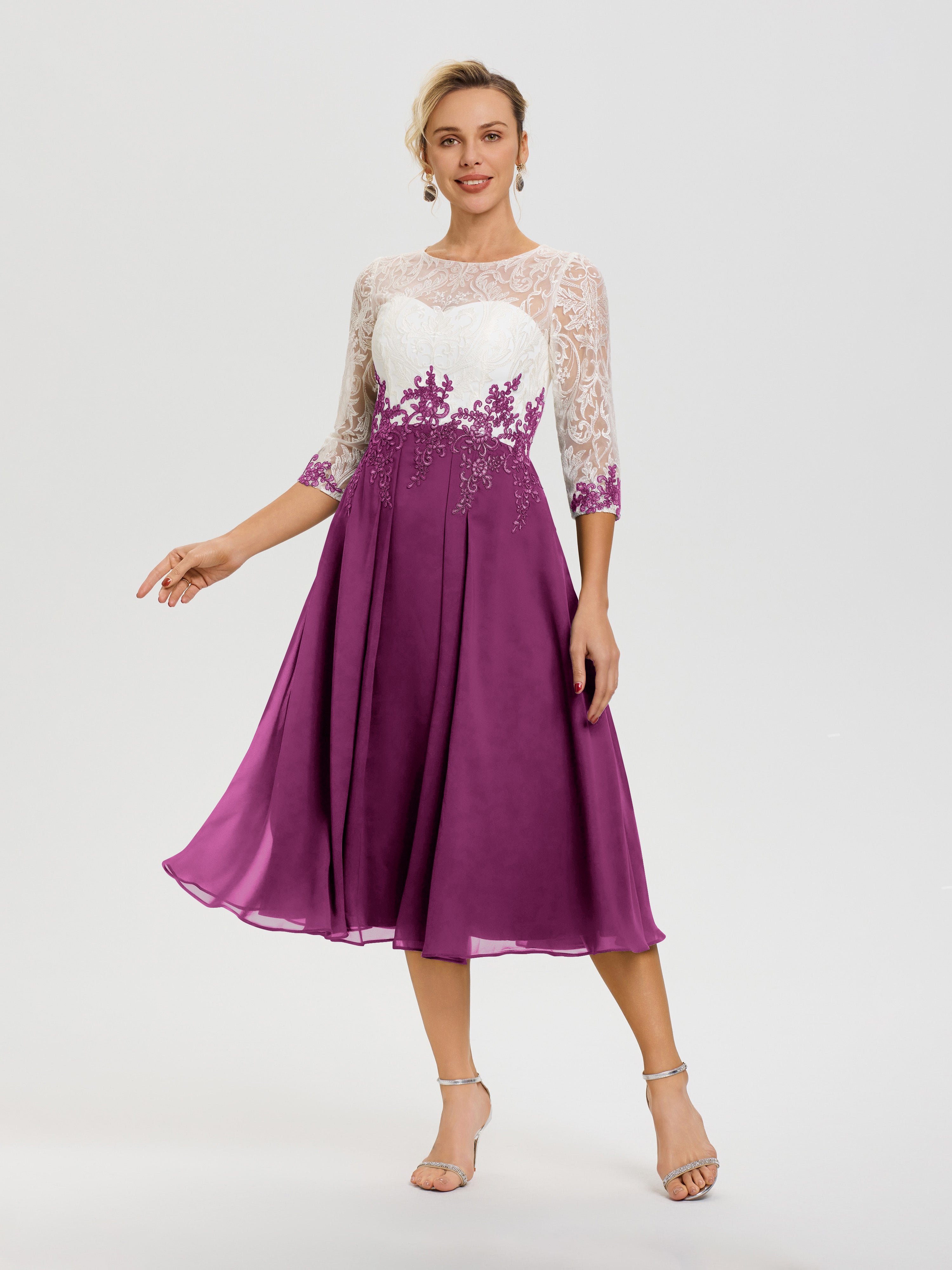 Robe De Cérémonie Mère De La Mariée Orchidée Col Rond Mousseline & Dentelle 3/4 Manches Robe Mère Mariée