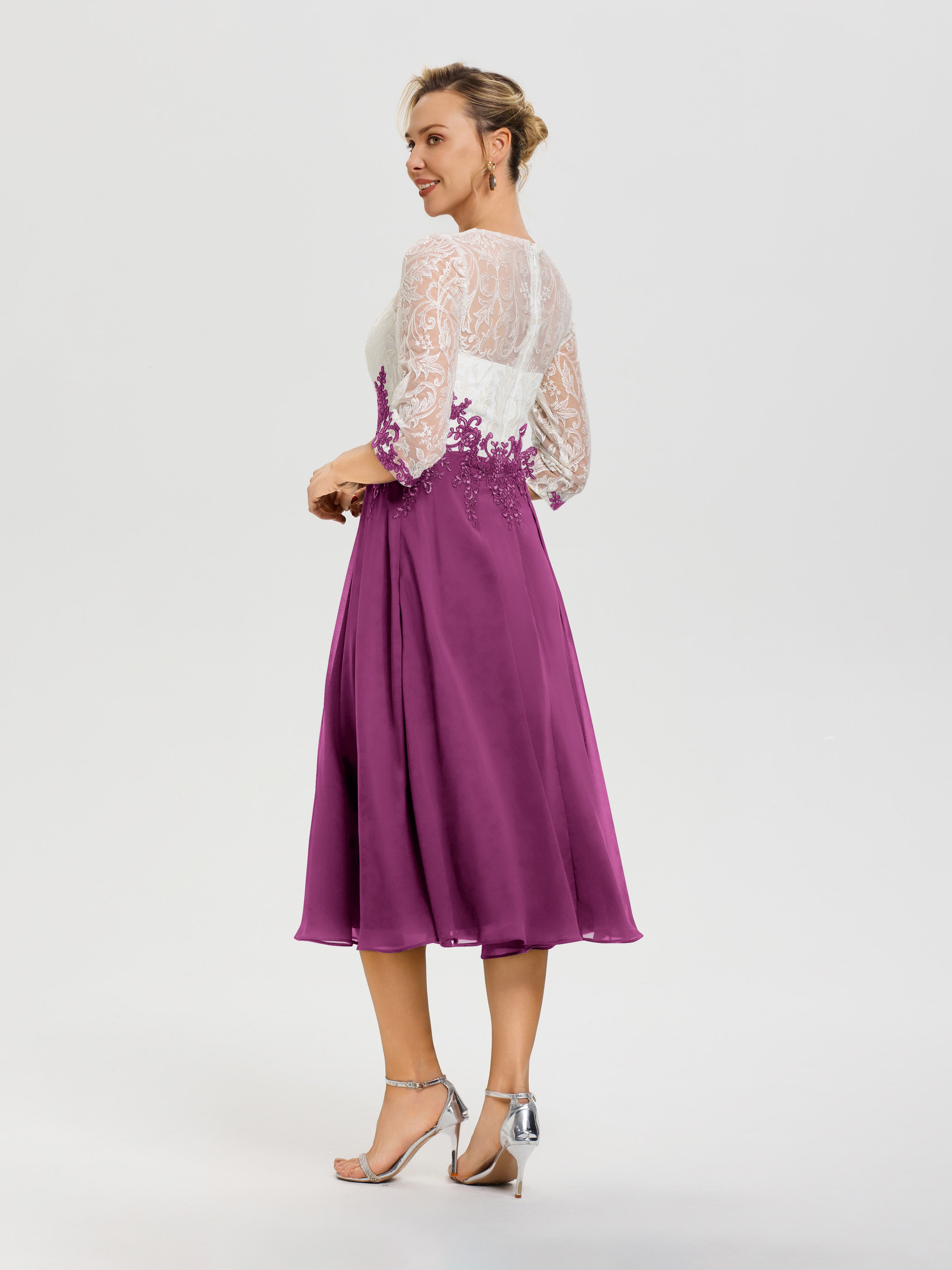 Robe De Cérémonie Mère De La Mariée Orchidée Col Rond Mousseline & Dentelle 3/4 Manches Robe Mère Mariée