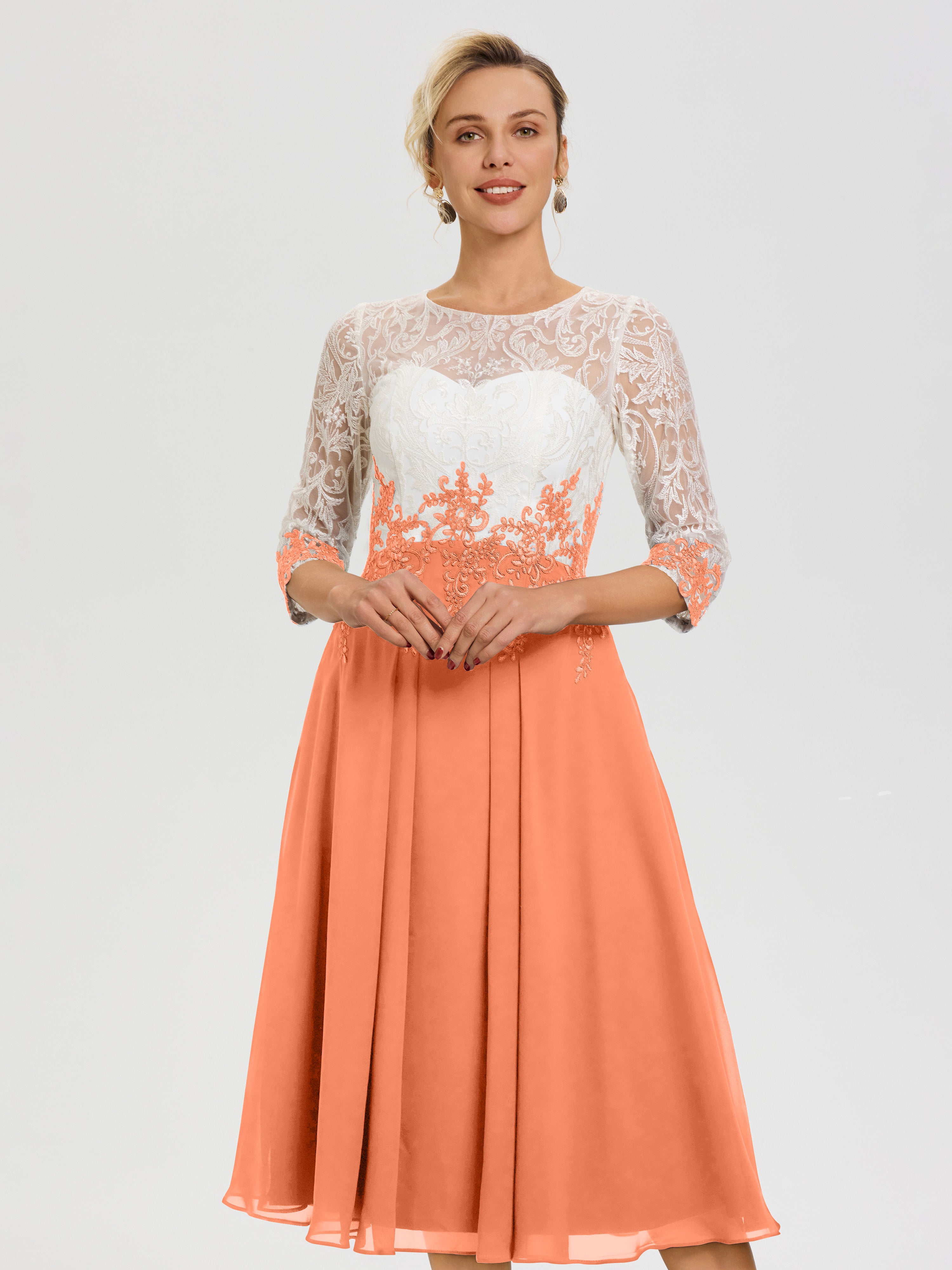 Robe De Cérémonie Mère De La Mariée Papaye Col Rond Mousseline & Dentelle 3/4 Manches Robe Mère Mariée