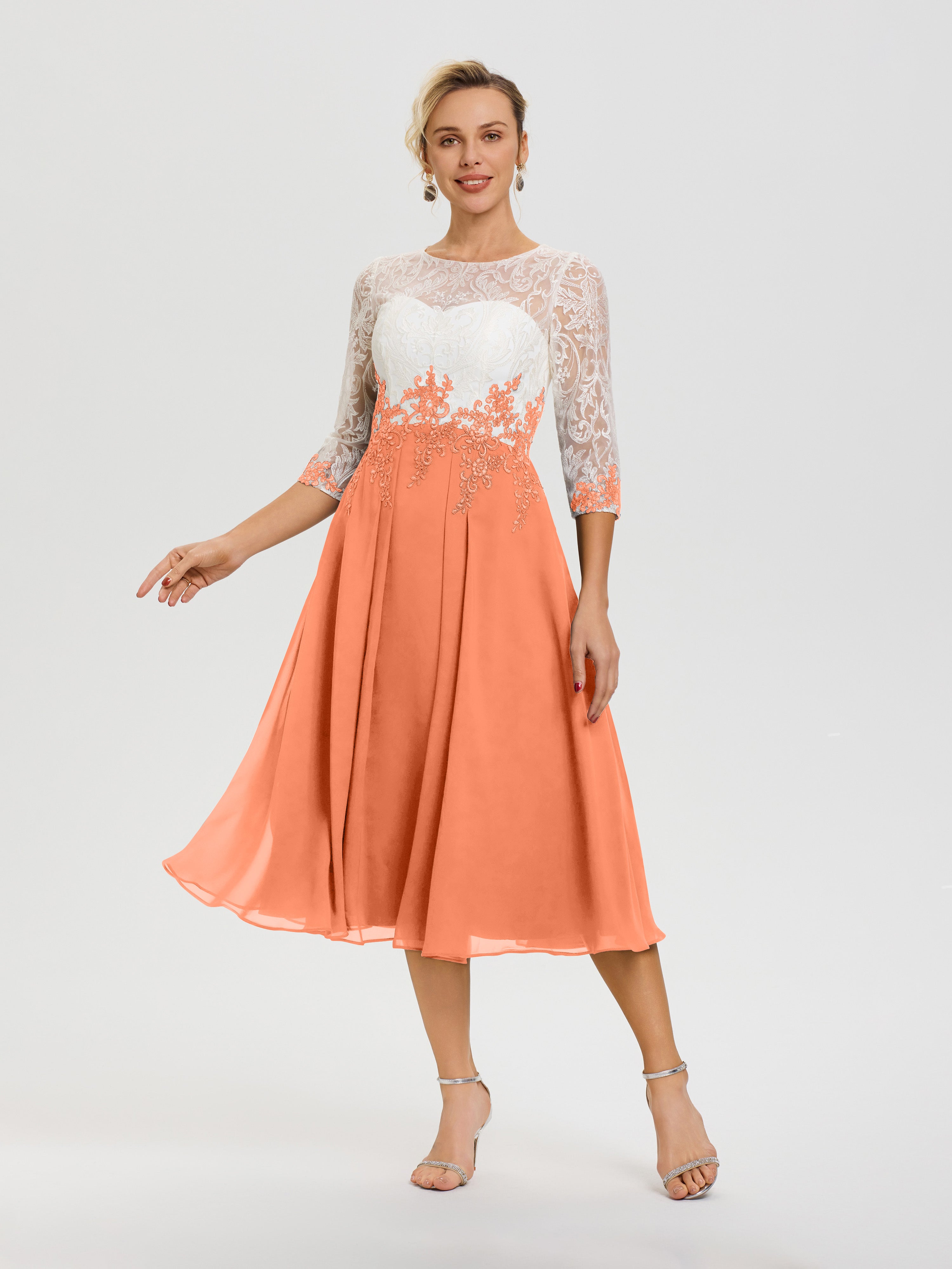 Robe De Cérémonie Mère De La Mariée Papaye Col Rond Mousseline & Dentelle 3/4 Manches Robe Mère Mariée