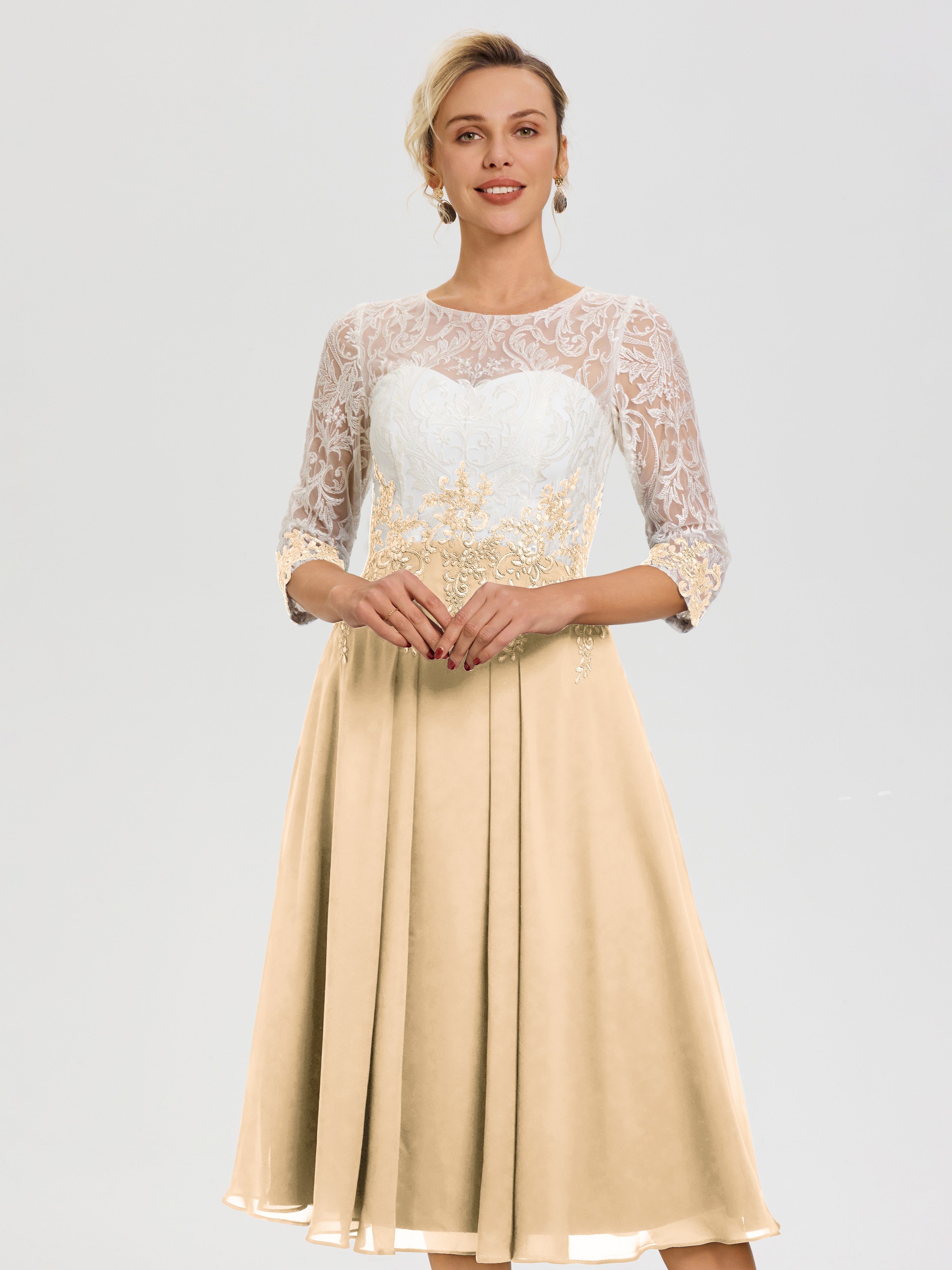 Robes De Mère De Mariée Peche Col Rond Mousseline & Dentelle 3/4 Manches Robe Mère Mariée