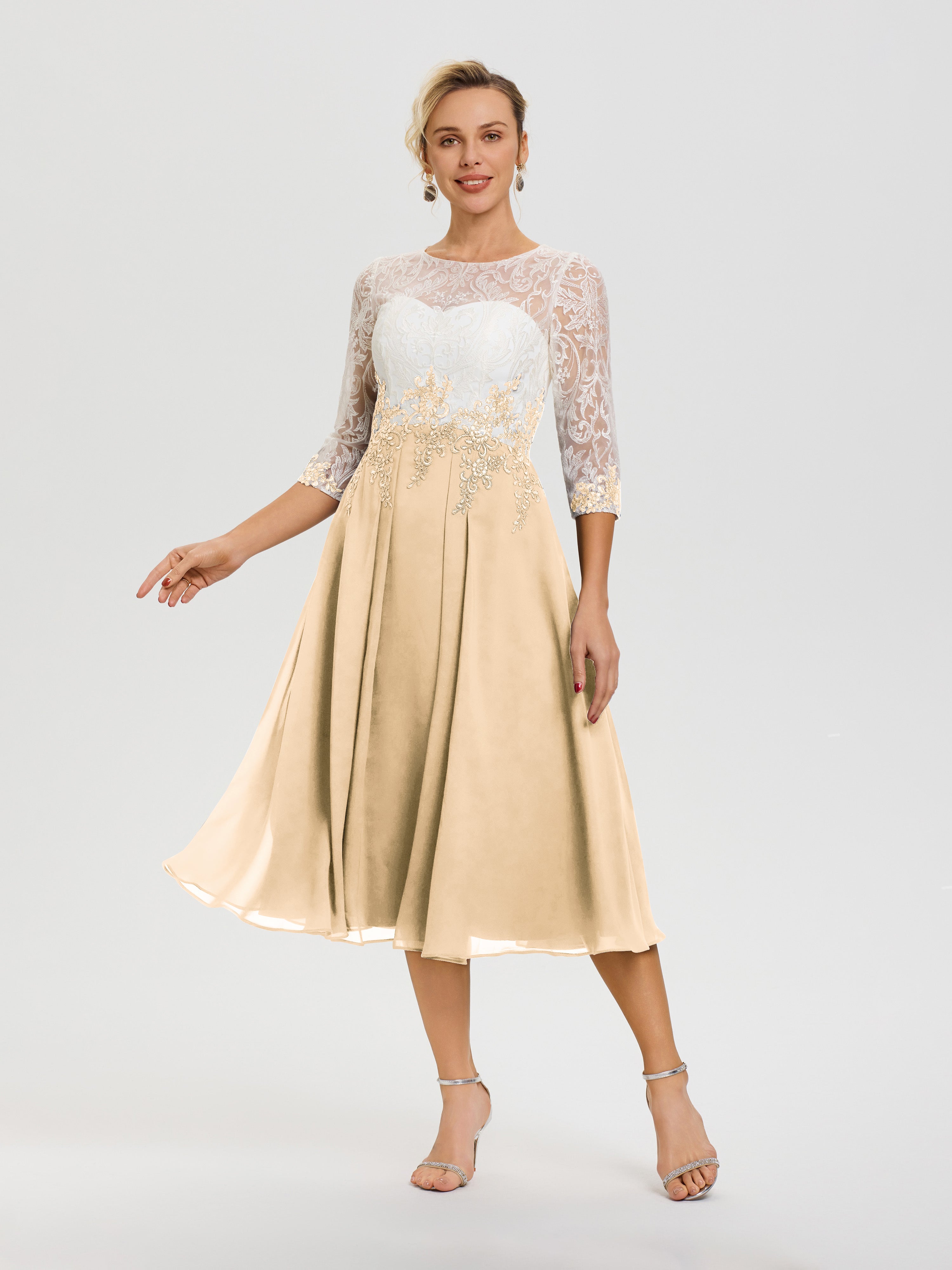 Robes De Mère De Mariée Peche Col Rond Mousseline & Dentelle 3/4 Manches Robe Mère Mariée