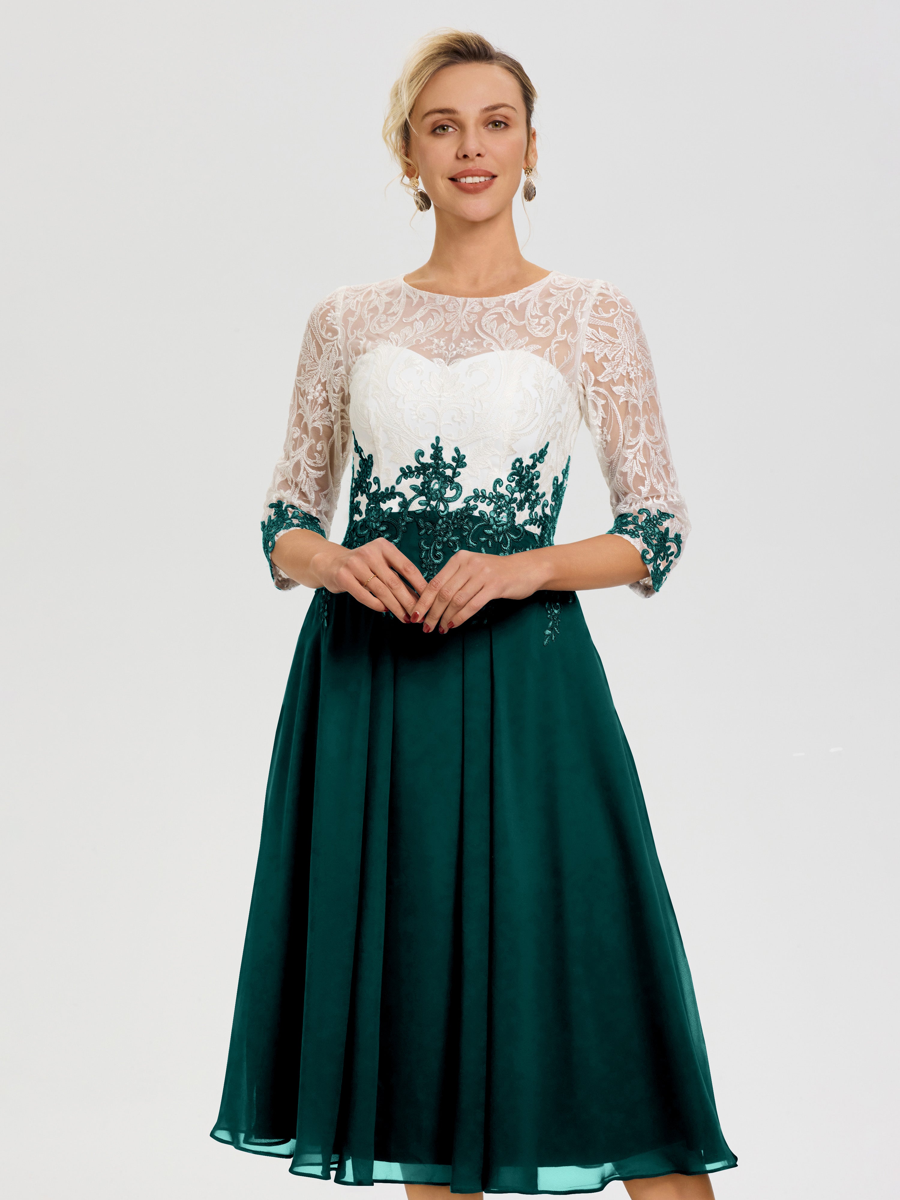 Robe De Cérémonie Mère De La Mariée Paon Col Rond Mousseline & Dentelle 3/4 Manches Robe Mère Mariée
