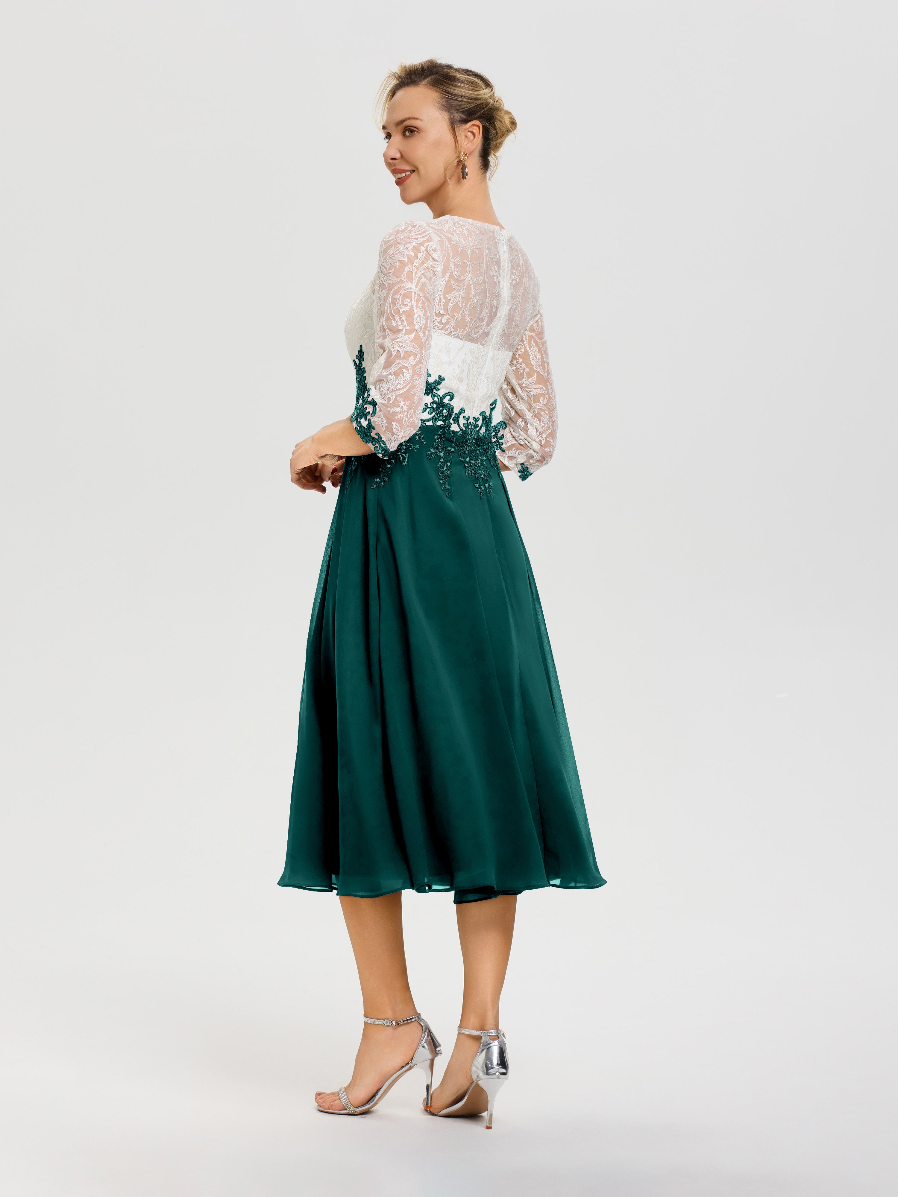 Robe De Cérémonie Mère De La Mariée Paon Col Rond Mousseline & Dentelle 3/4 Manches Robe Mère Mariée