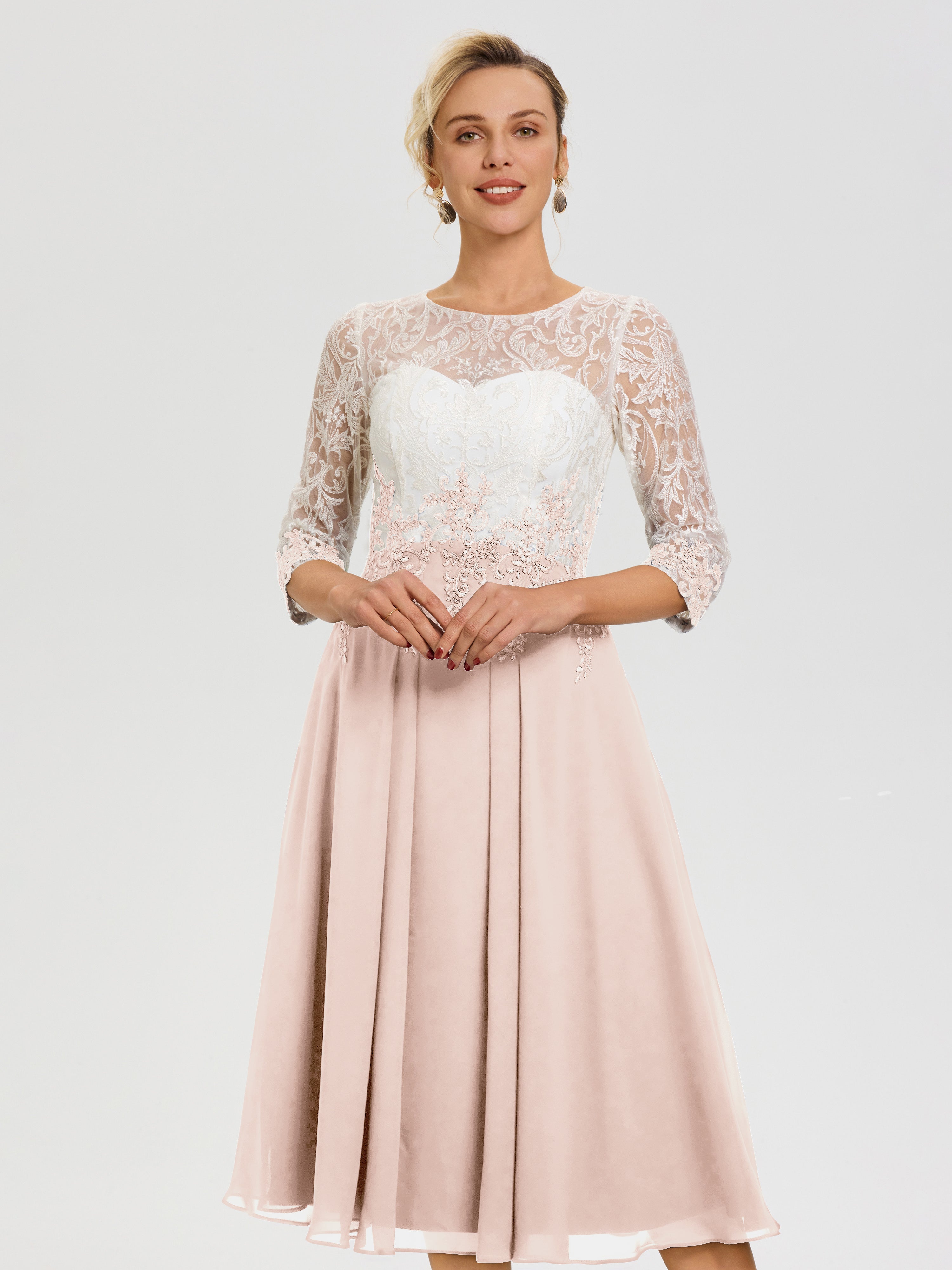 Robe De Cérémonie Mère De La Mariée Rose Perle Col Rond Mousseline & Dentelle 3/4 Manches Robe Mère Mariée