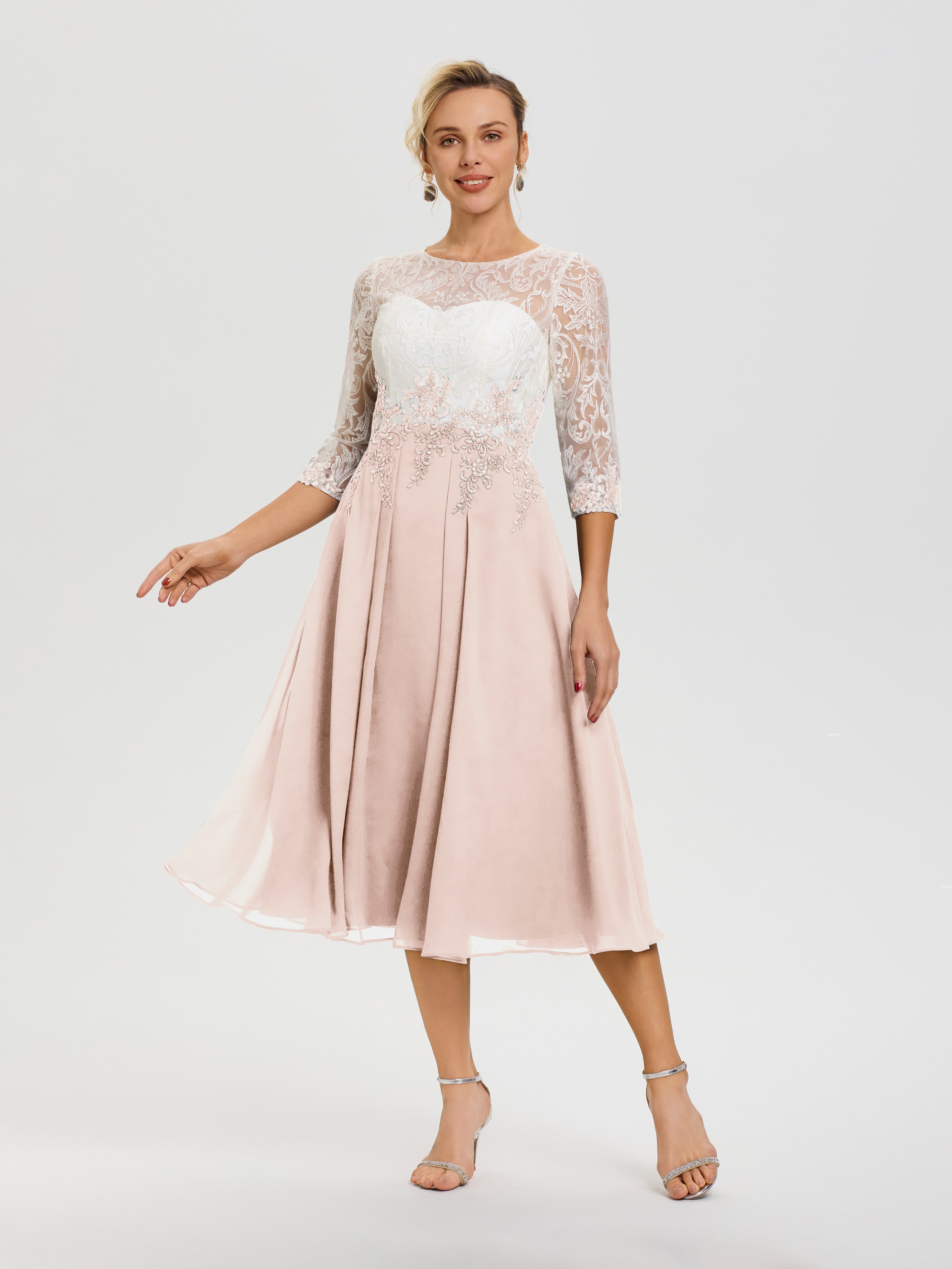 Robe De Cérémonie Mère De La Mariée Rose Perle Col Rond Mousseline & Dentelle 3/4 Manches Robe Mère Mariée