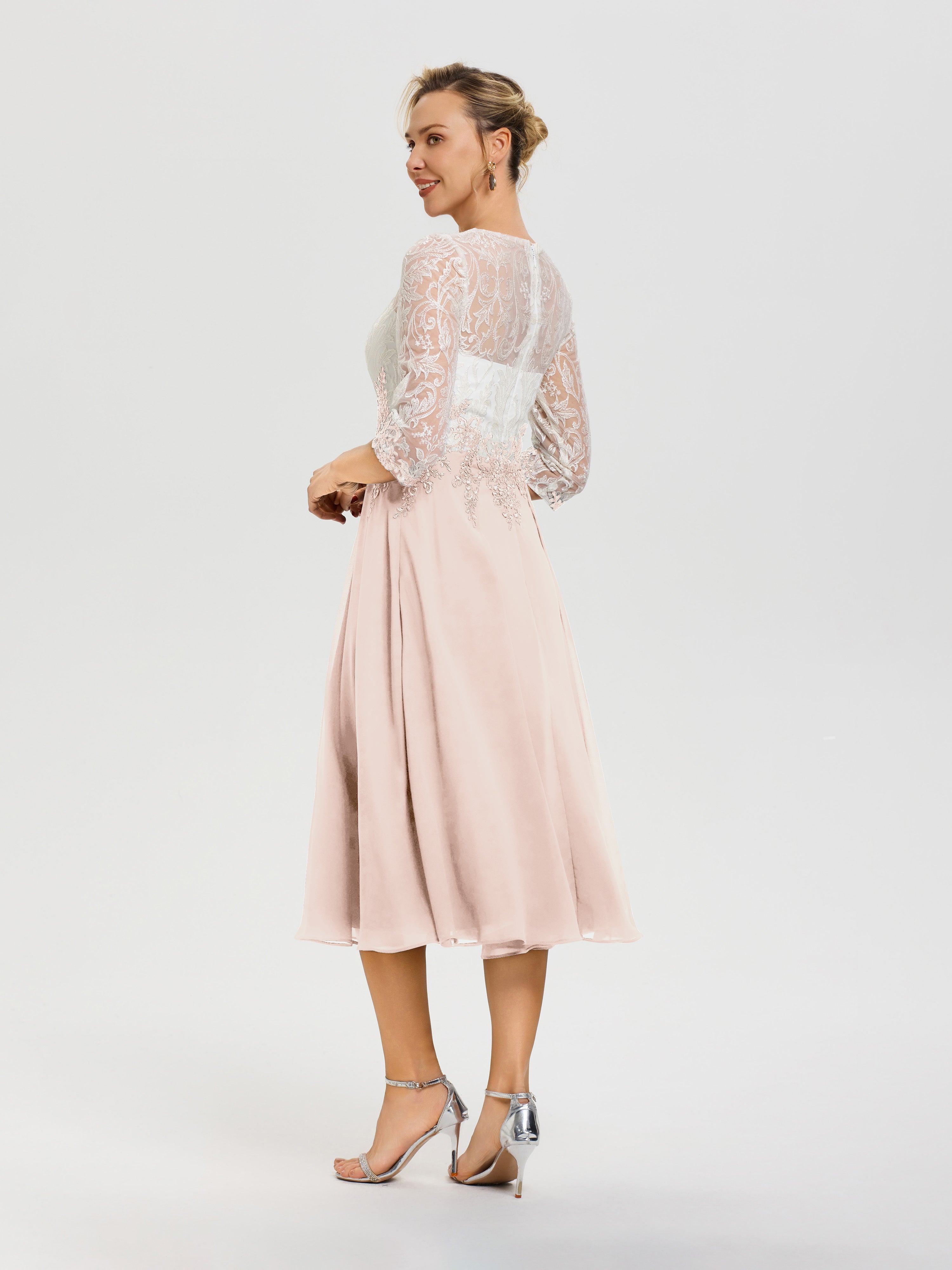 Robe De Cérémonie Mère De La Mariée Rose Perle Col Rond Mousseline & Dentelle 3/4 Manches Robe Mère Mariée