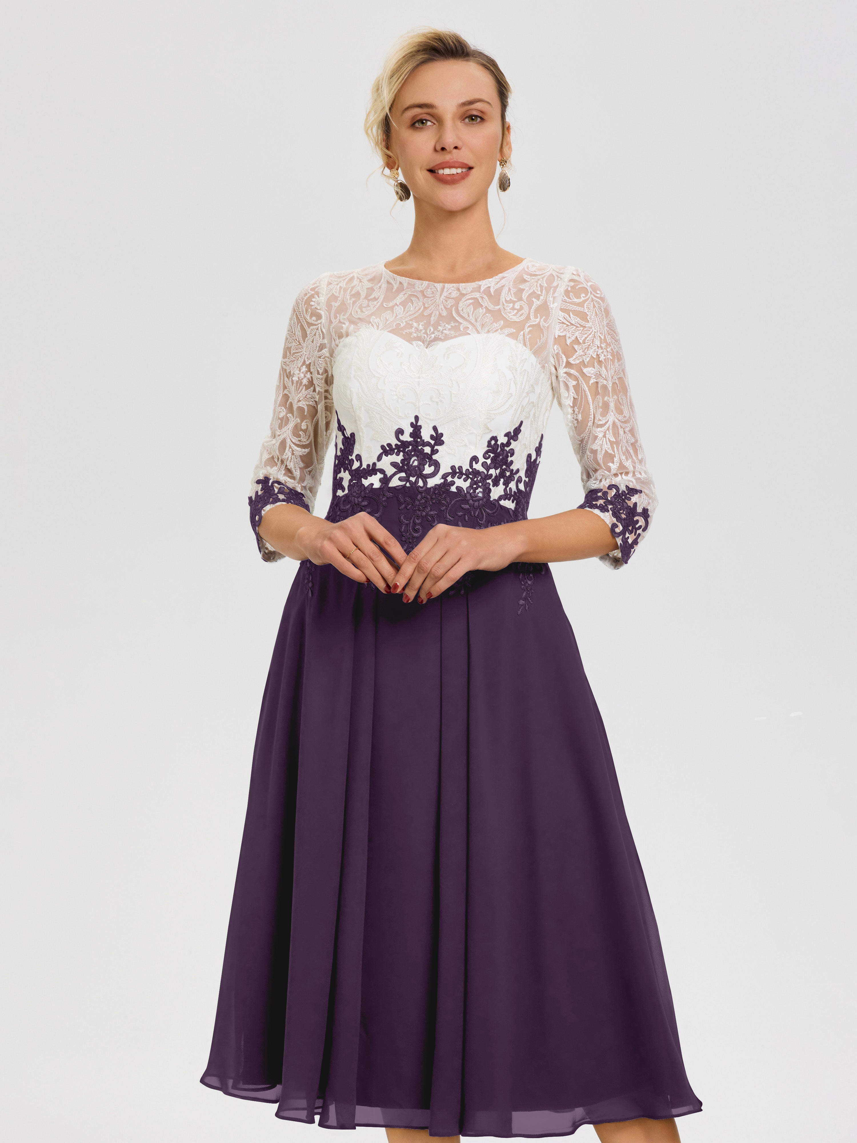 Robe De Cérémonie Mère De La Mariée Plum Col Rond Mousseline & Dentelle 3/4 Manches Robe Mère Mariée