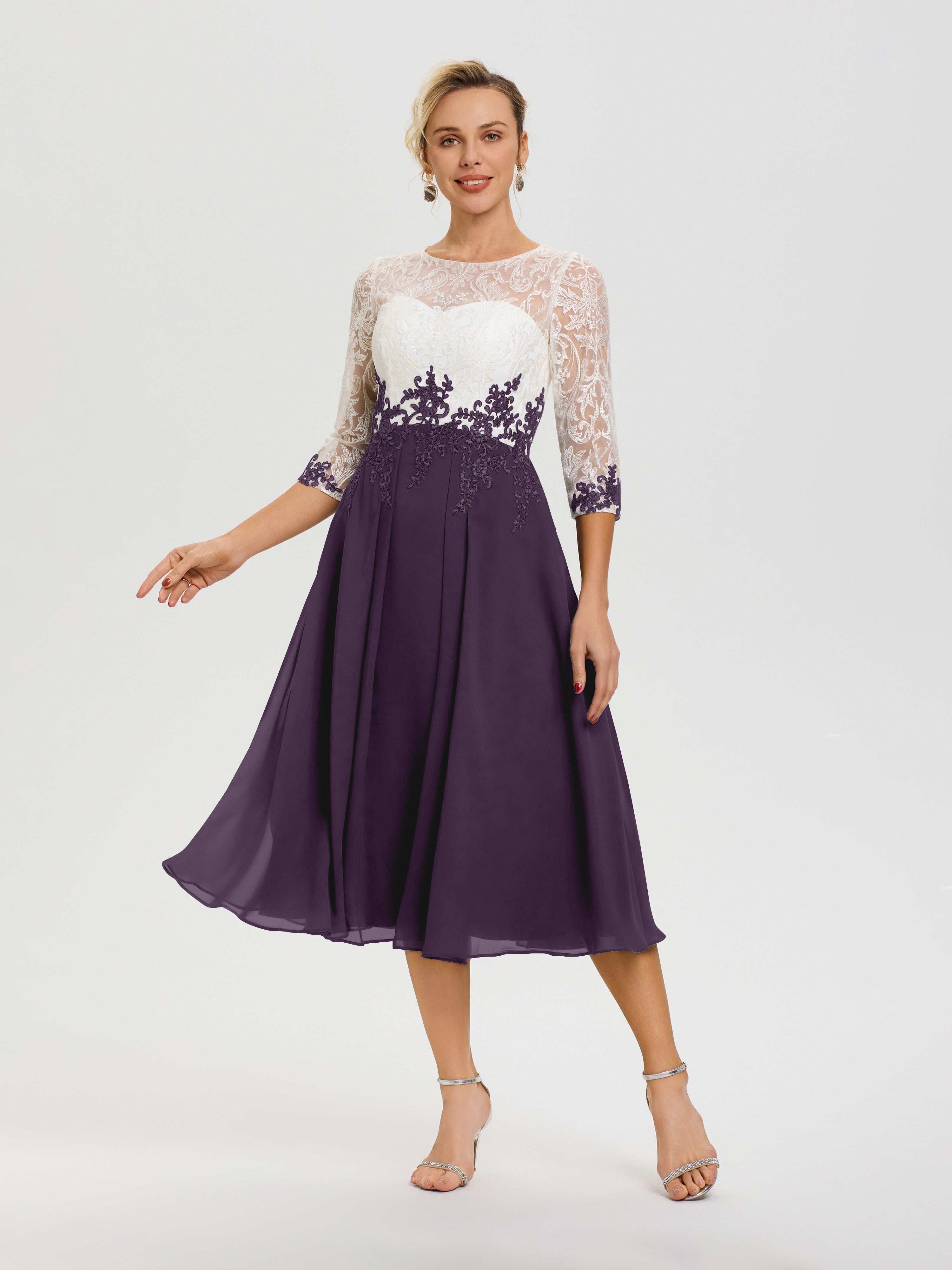 Robe De Cérémonie Mère De La Mariée Plum Col Rond Mousseline & Dentelle 3/4 Manches Robe Mère Mariée