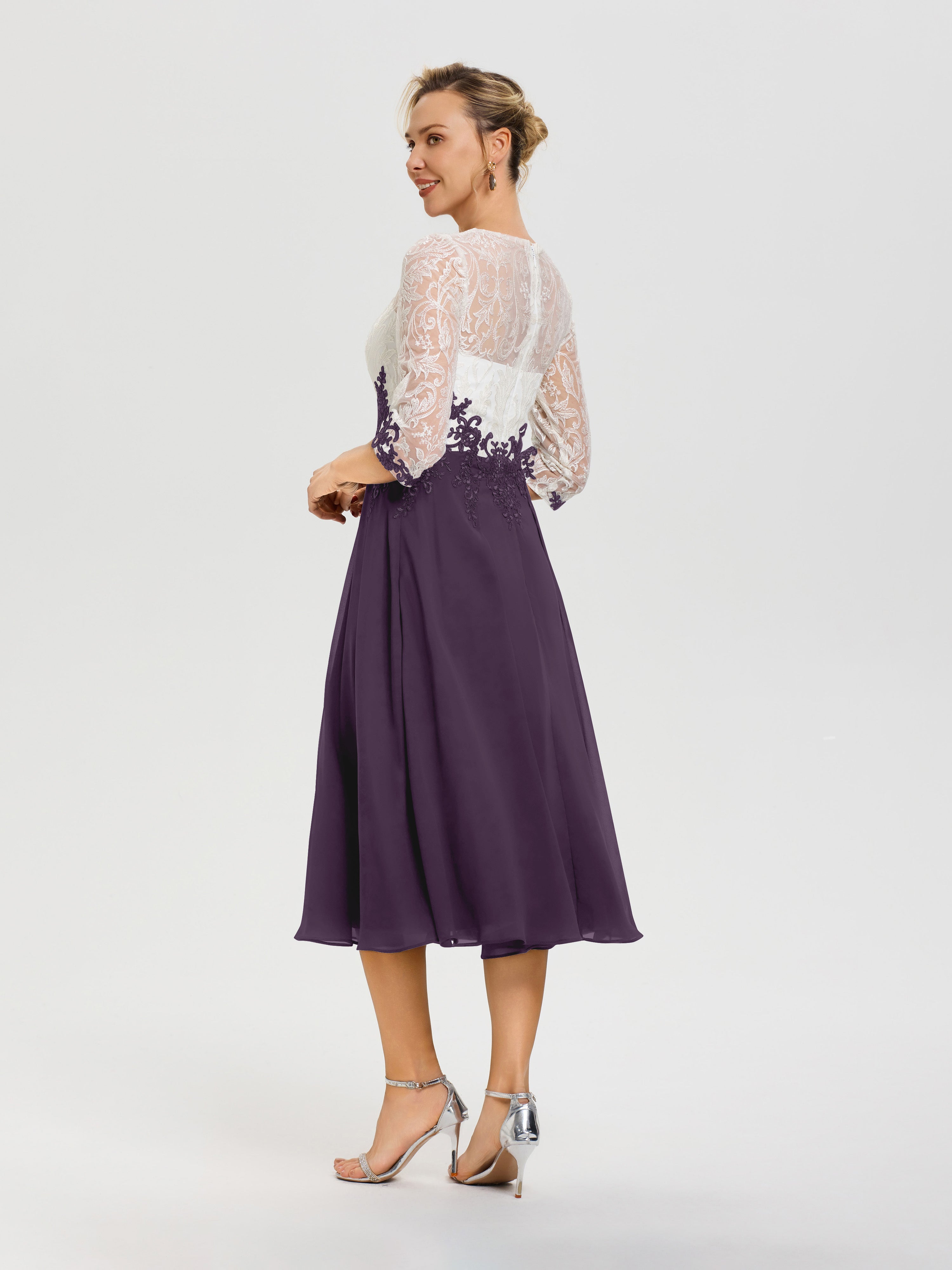 Robe De Cérémonie Mère De La Mariée Plum Col Rond Mousseline & Dentelle 3/4 Manches Robe Mère Mariée